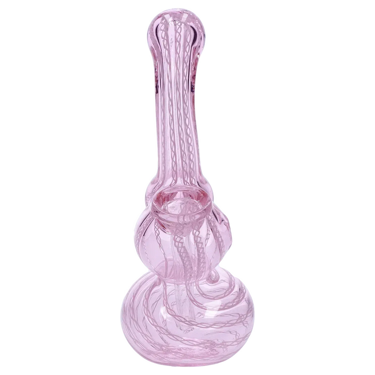 Front view of the Mini Bubbler with Colored Tube showing a translucent pink glass body with twisted internal tubing and bulbous base.