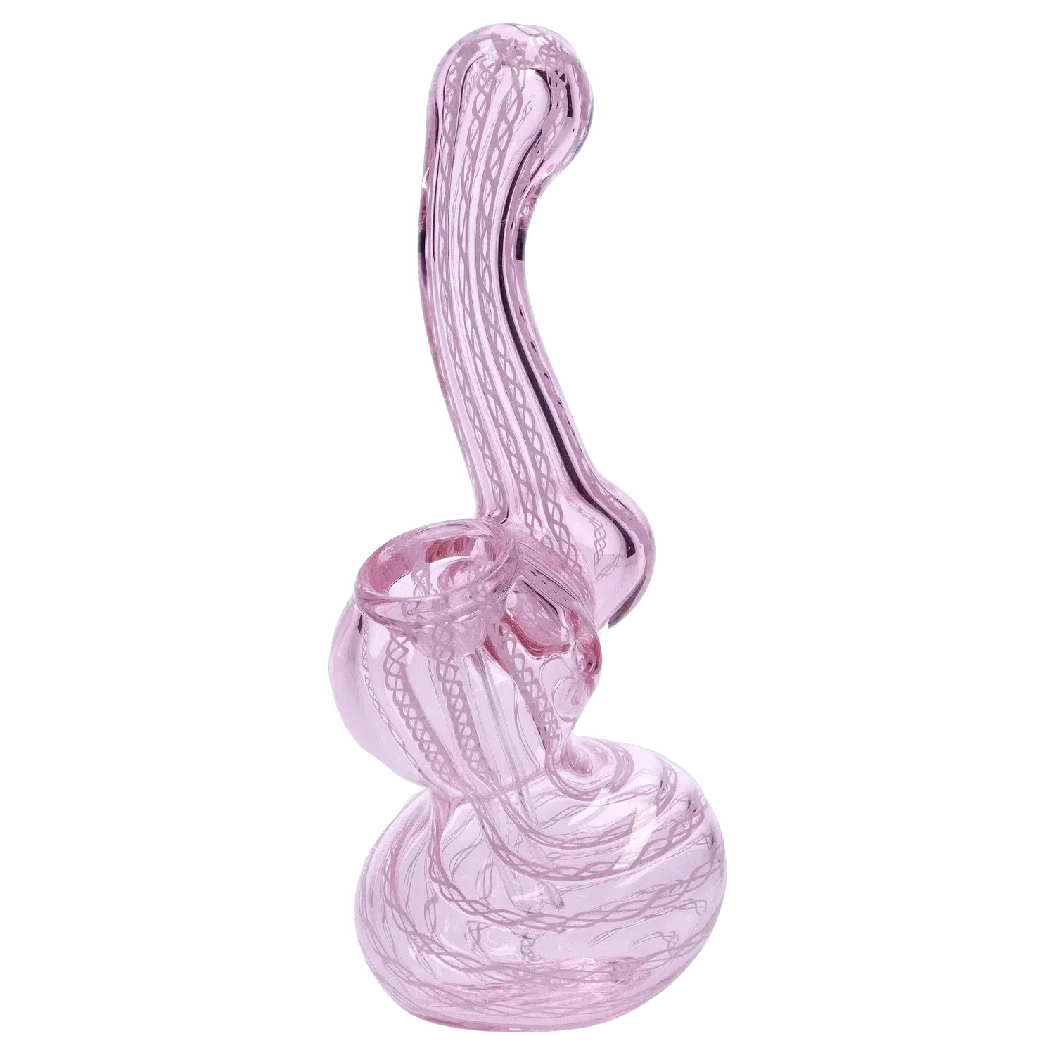 Angled close-up of a translucent pink Mini Bubbler with Colored Tube showing its curved neck, swirling internal cane pattern, and rounded base.