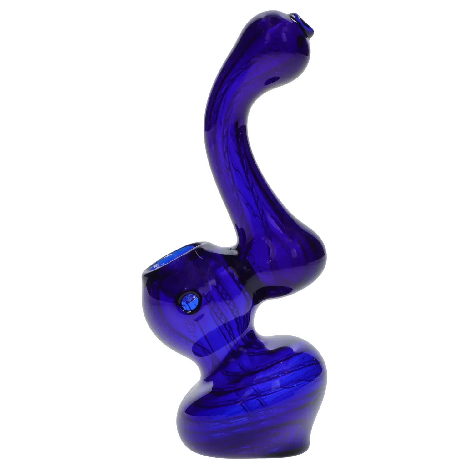 Angled side view of a deep blue Mini Bubbler with Colored Tube showing its curved, twisted glass form and glossy finish