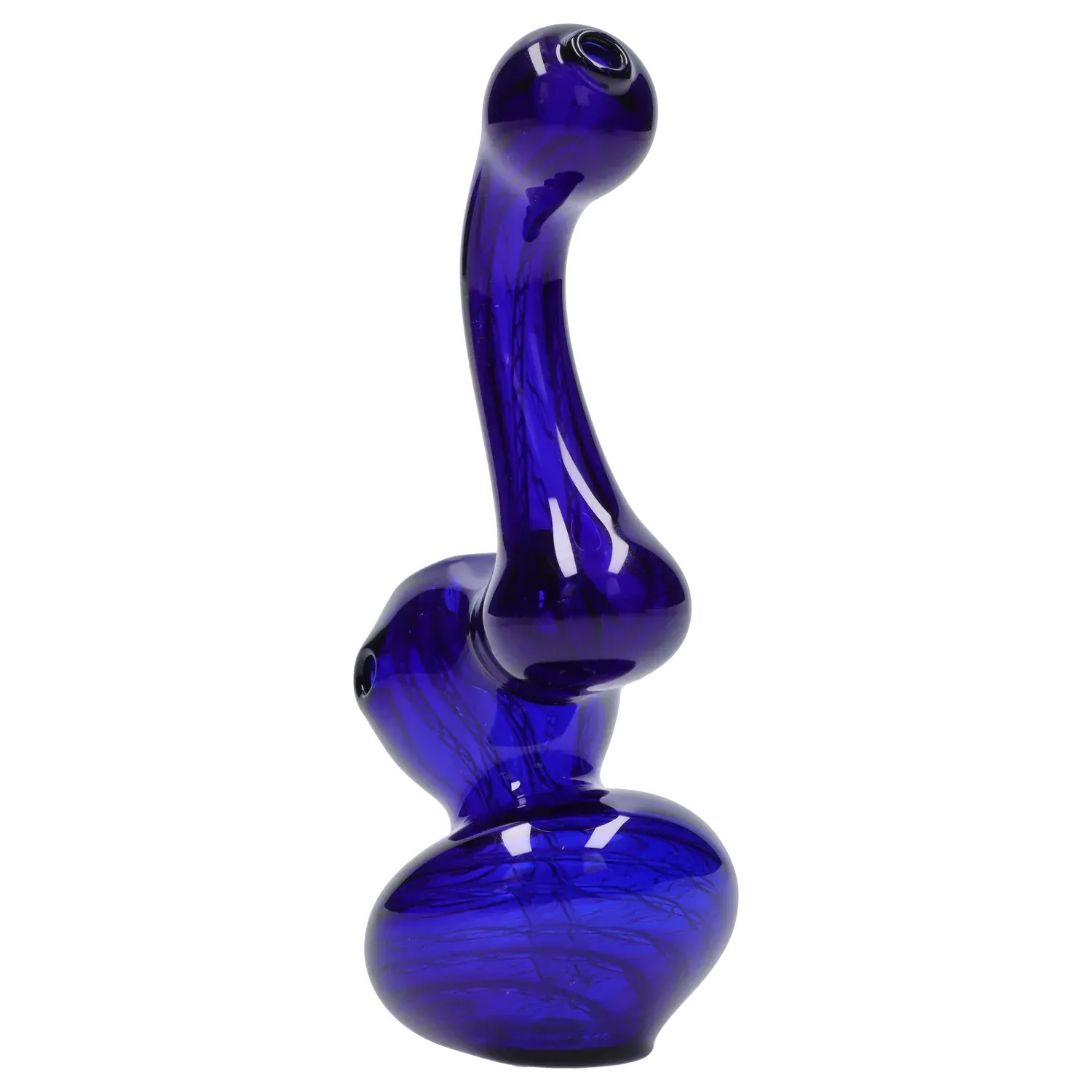 Angled close-up of a cobalt glass Mini Bubbler with Colored Tube showing its curved neck and bulbous base against a white background.