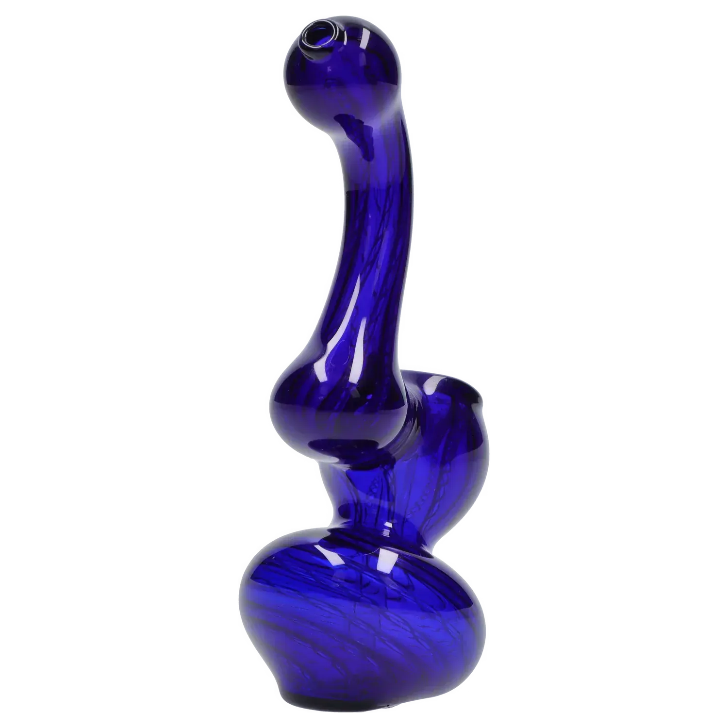 Angled close-up of the Mini Bubbler with Colored Tube showing its glossy cobalt-blue curved glass silhouette against a light background