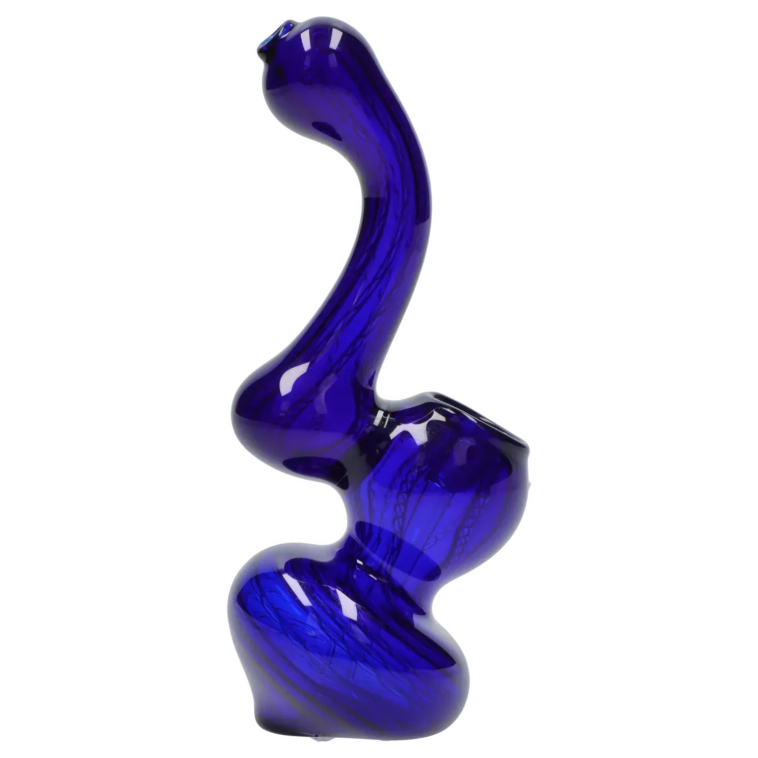 Side view of the Mini Bubbler with Colored Tube showing a twisted, cobalt blue glass form against a pale gray background.