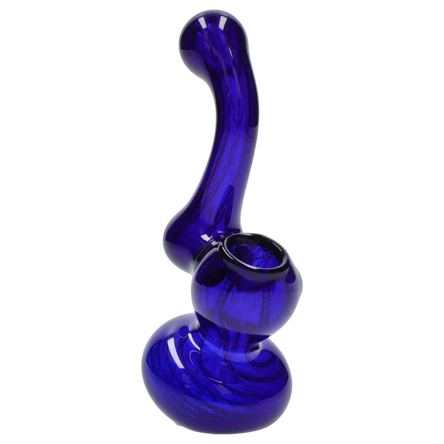 Angled close-up of the deep cobalt Mini Bubbler with Colored Tube showing its curved neck and rounded bowl against a white background