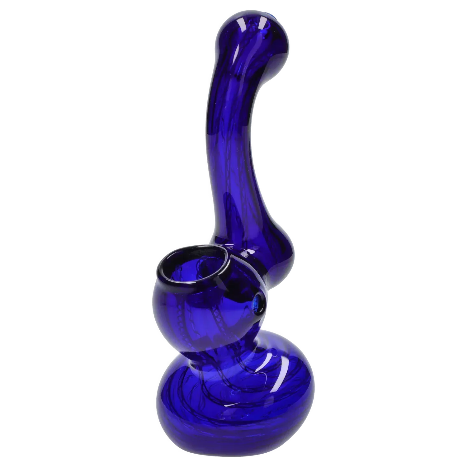 Angled close-up of a deep blue Mini Bubbler with Colored Tube showing its curved neck, round bowl, and glossy swirled glass reflections