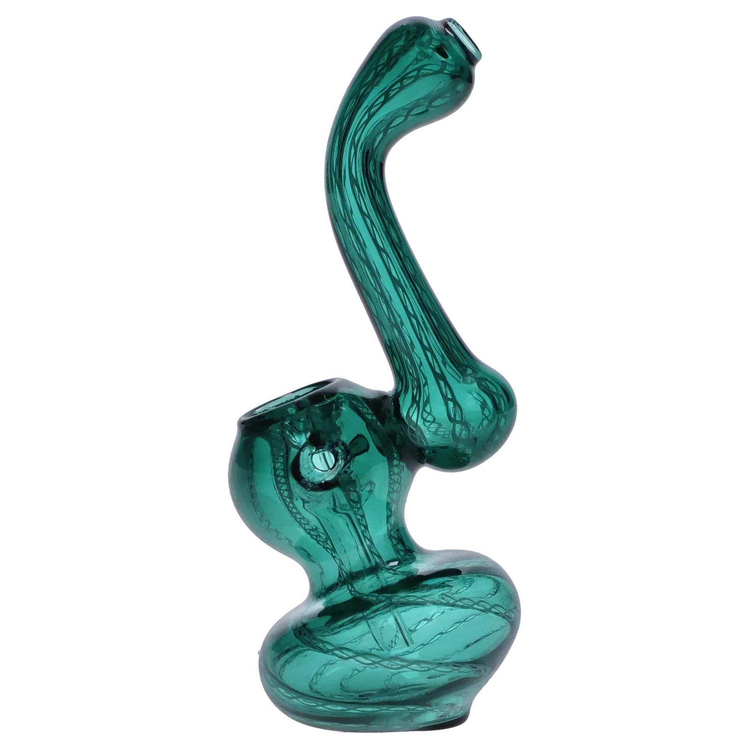 Angled close-up of the Mini Bubbler with Colored Tube showing a blue-green curved neck and bulbous base against a white background.