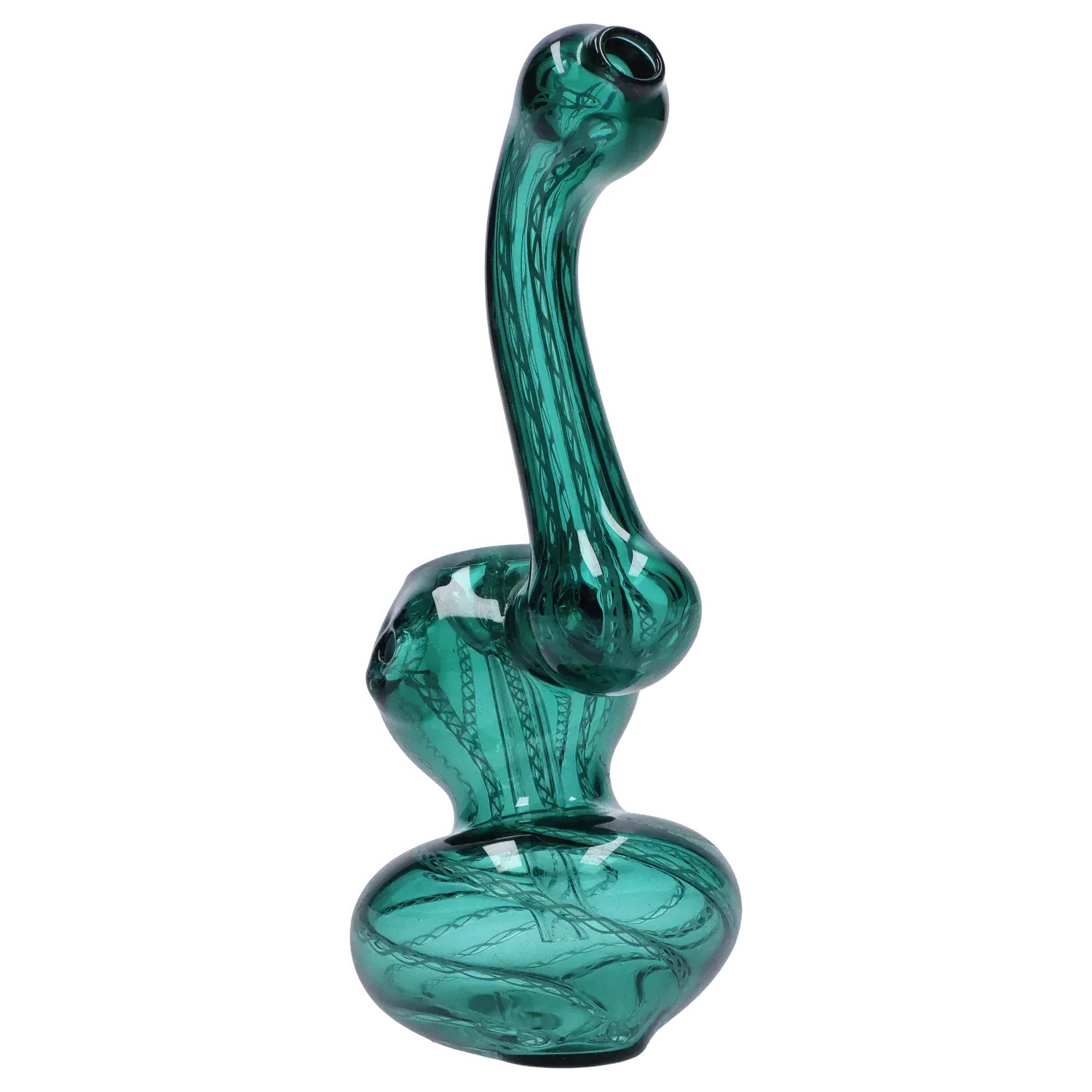 Angled close-up of the Mini Bubbler with Colored Tube showing a green twisted-glass neck and bulbous base against a light background