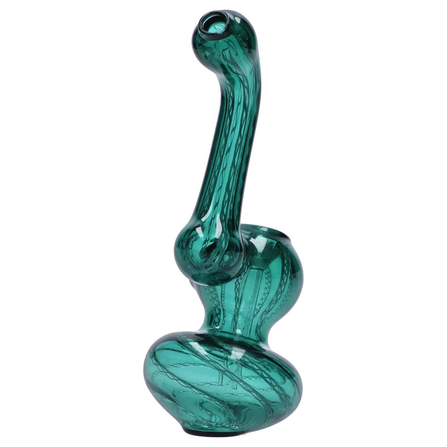 Angled studio shot of the Mini Bubbler with Colored Tube showing a clear green glass body with twisted internal cane patterns and a bulbous base.