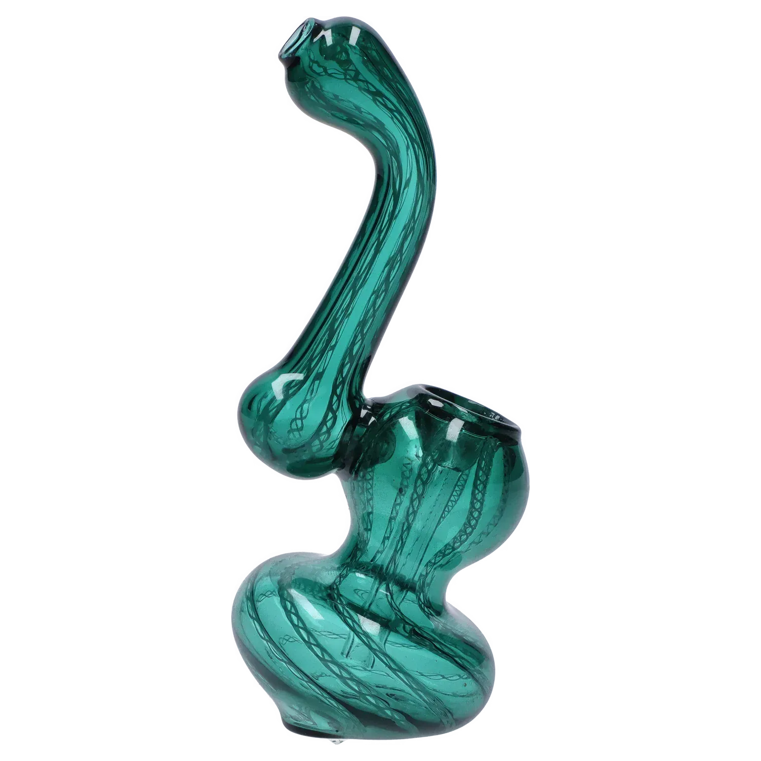 Angled studio shot of the Mini Bubbler with Colored Tube in dark blue showing its curved neck, rounded chambers, and internal swirl patterns against a white background