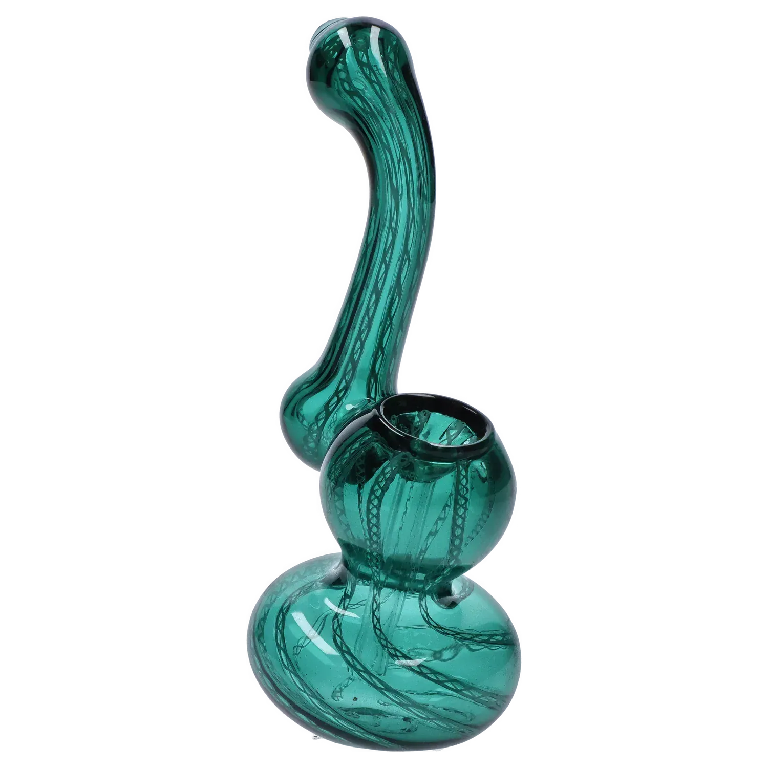 Angled close-up of a dark green Mini Bubbler with Colored Tube showing its curved neck, rounded bulb chambers and swirling internal glass patterns.