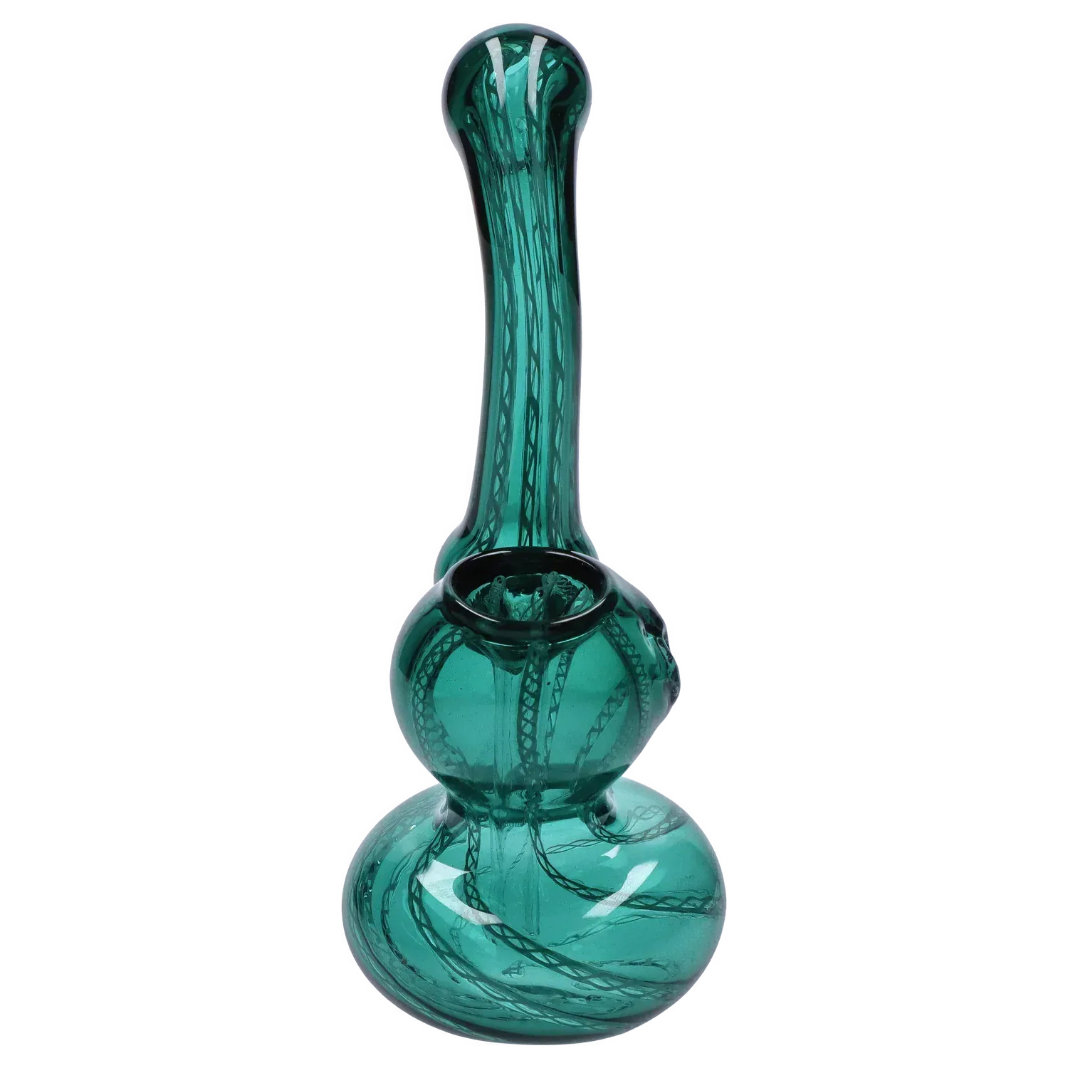Close-up front view of the Mini Bubbler with Colored Tube in green, showing its double-bulb glass body and long patterned neck.