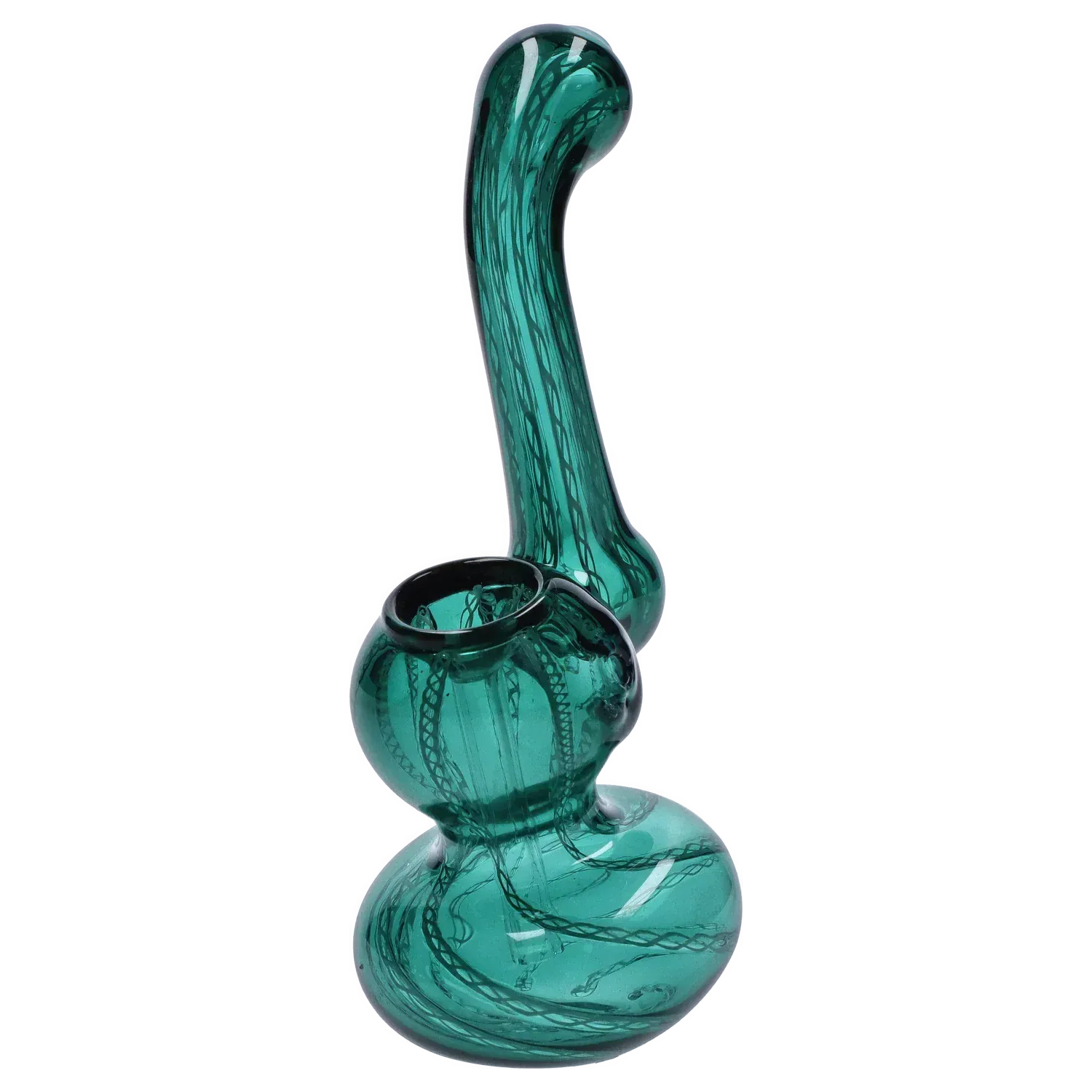 Angled close-up of the Mini Bubbler with Colored Tube showing a glossy green glass bulb and curved neck with dark twisted ribbons.