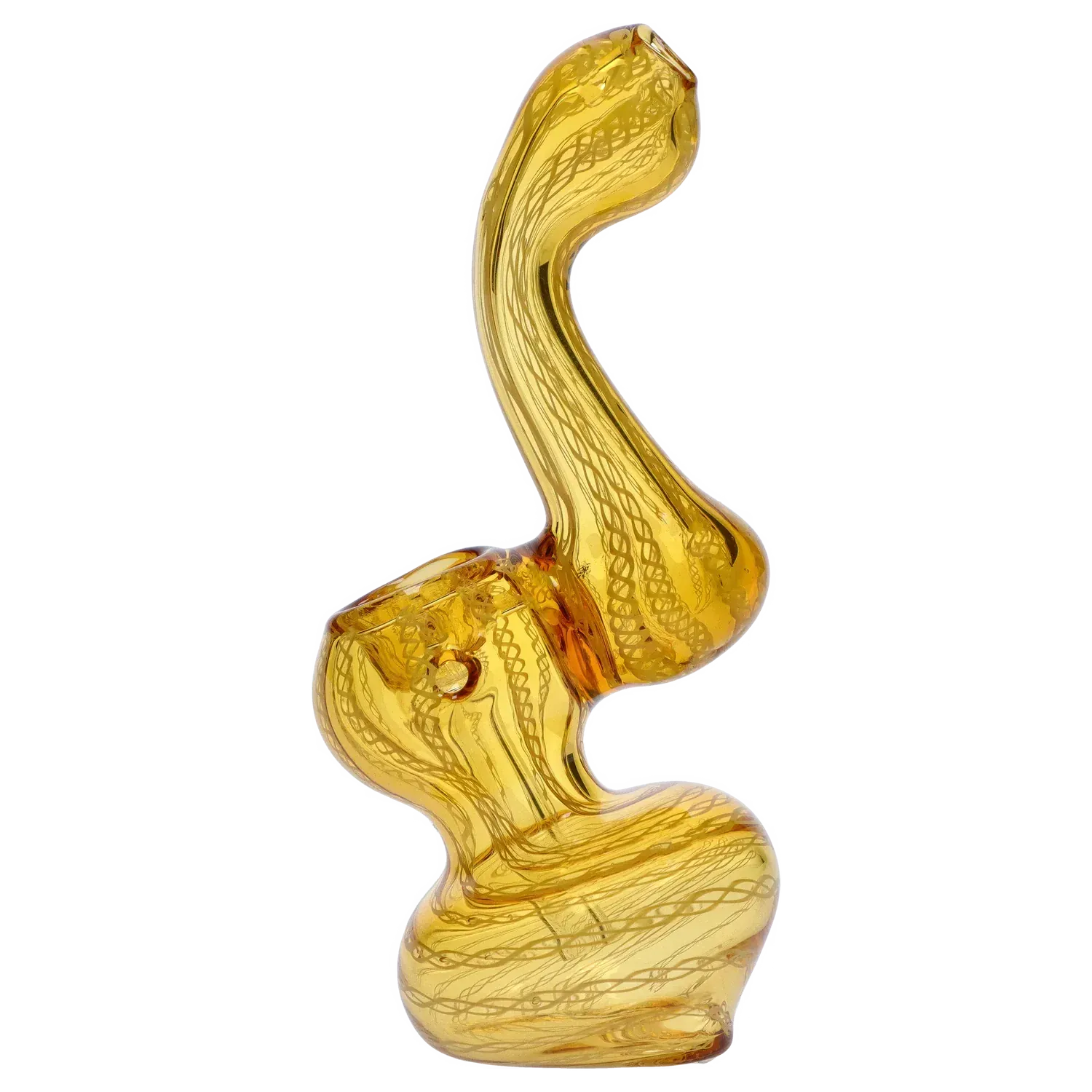 Angled studio shot of the Mini Bubbler with Colored Tube showing a tall, curving amber glass body with internal swirled filaments.