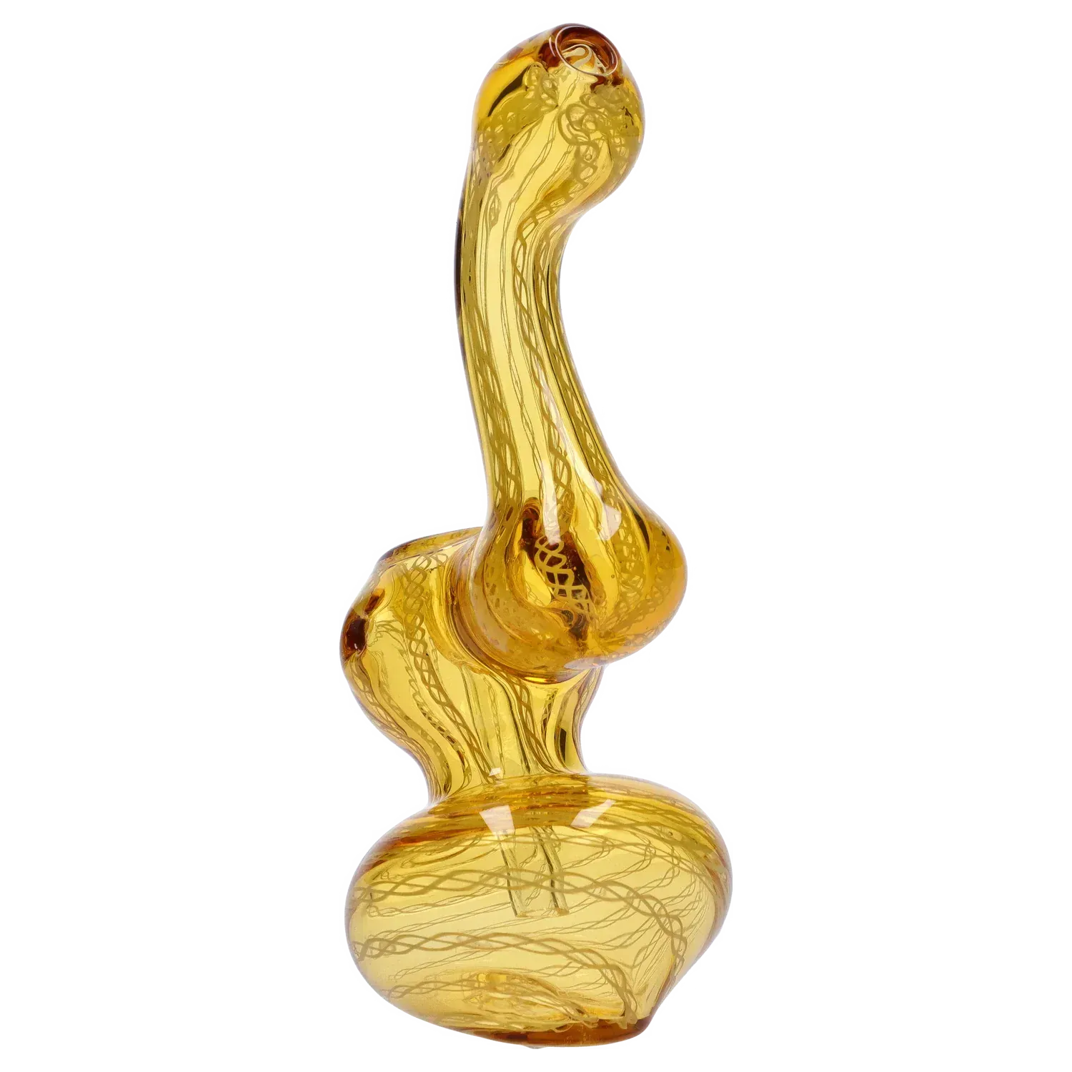 Angled close-up of a amber glass Mini Bubbler with Colored Tube showing its curved neck, bulbous chamber, and internal swirled filaments.