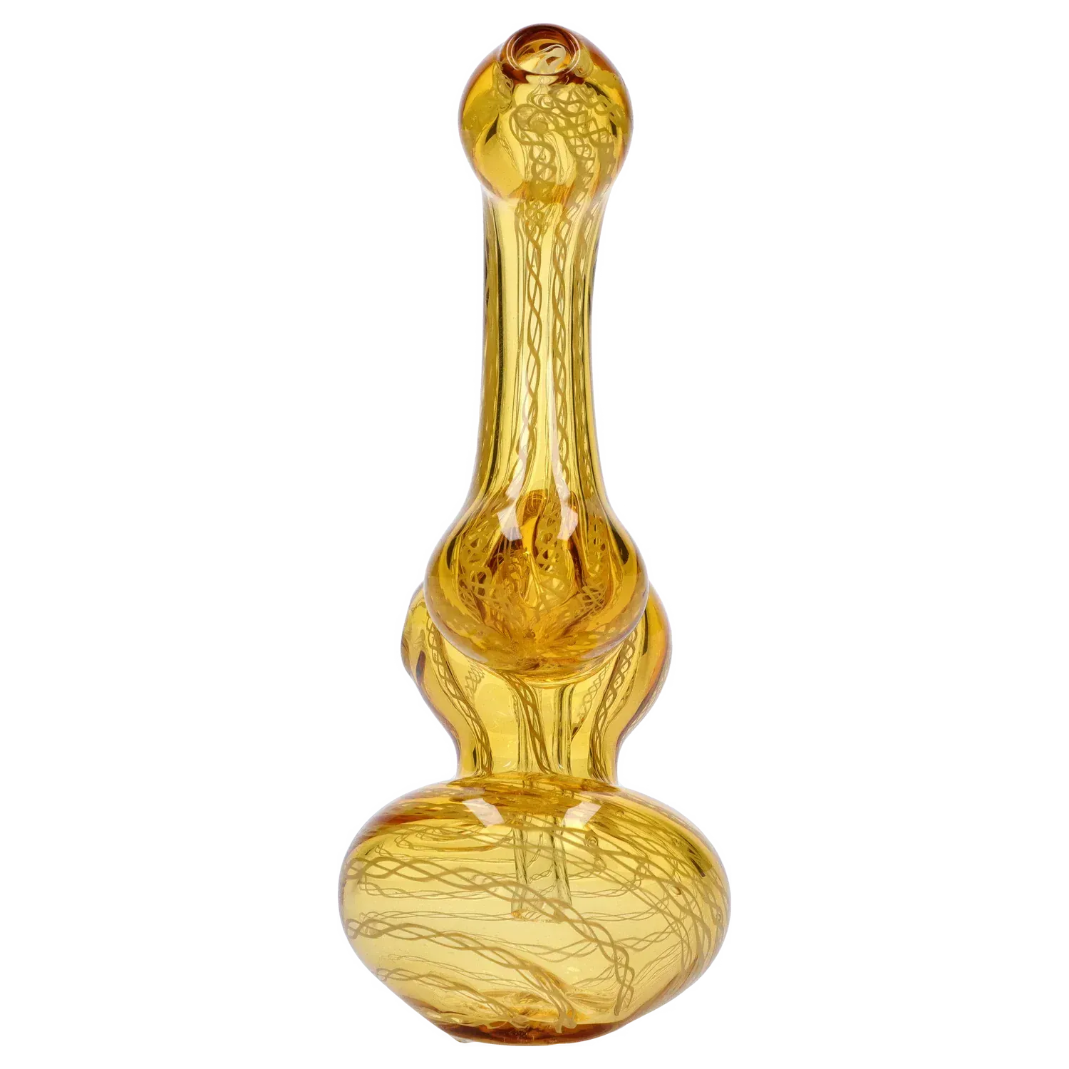 Vertical close-up of a golden glass Mini Bubbler with Colored Tube showing its bulbous base, elongated neck, and swirling internal patterns.