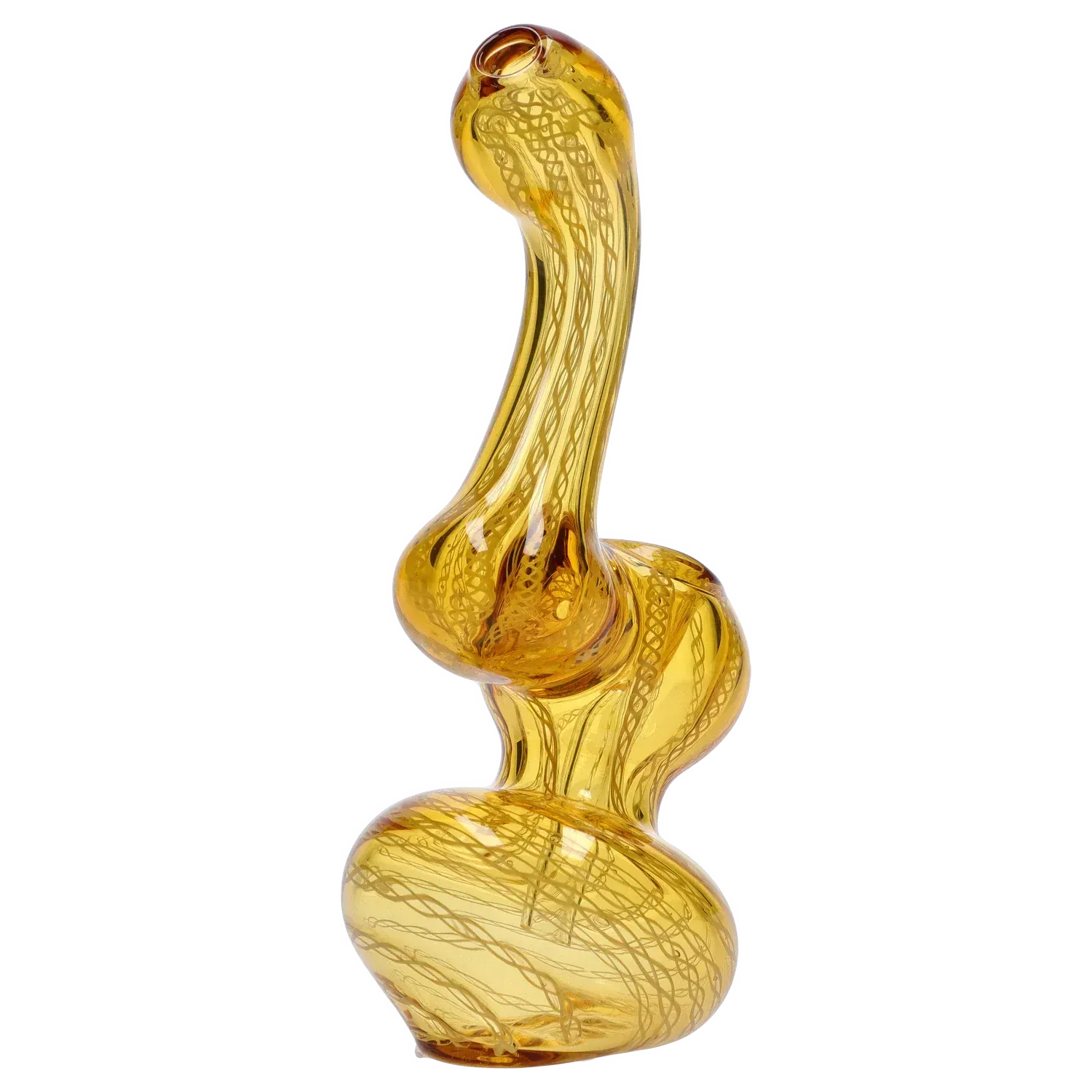 Angled close-up of a golden glass Mini Bubbler with Colored Tube showing its twisted neck and bulbous chambers against a white background