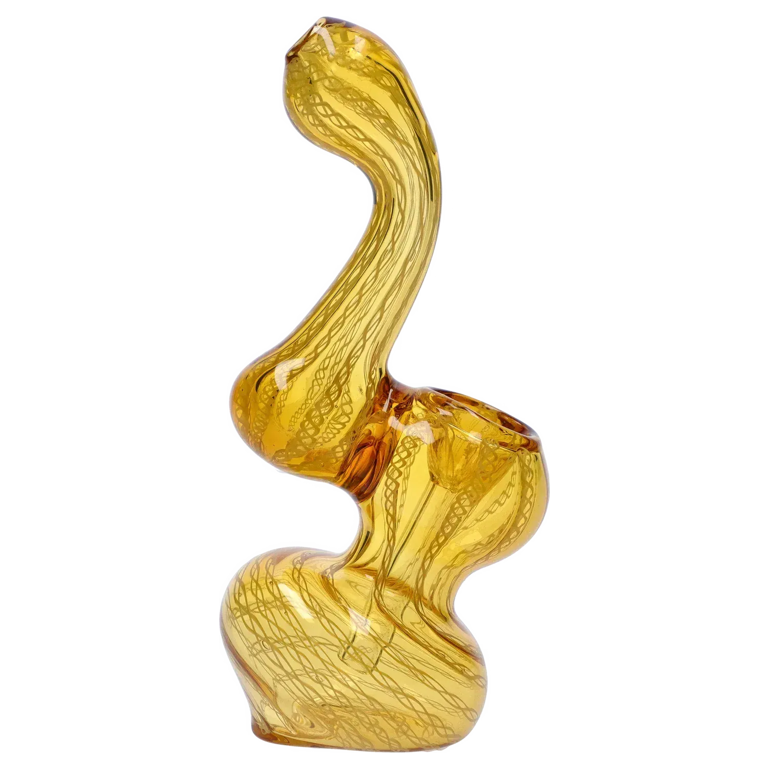 Side view of a translucent amber Mini Bubbler with Colored Tube showing its S‑shaped, twisted glass curves and internal ribboned patterns.