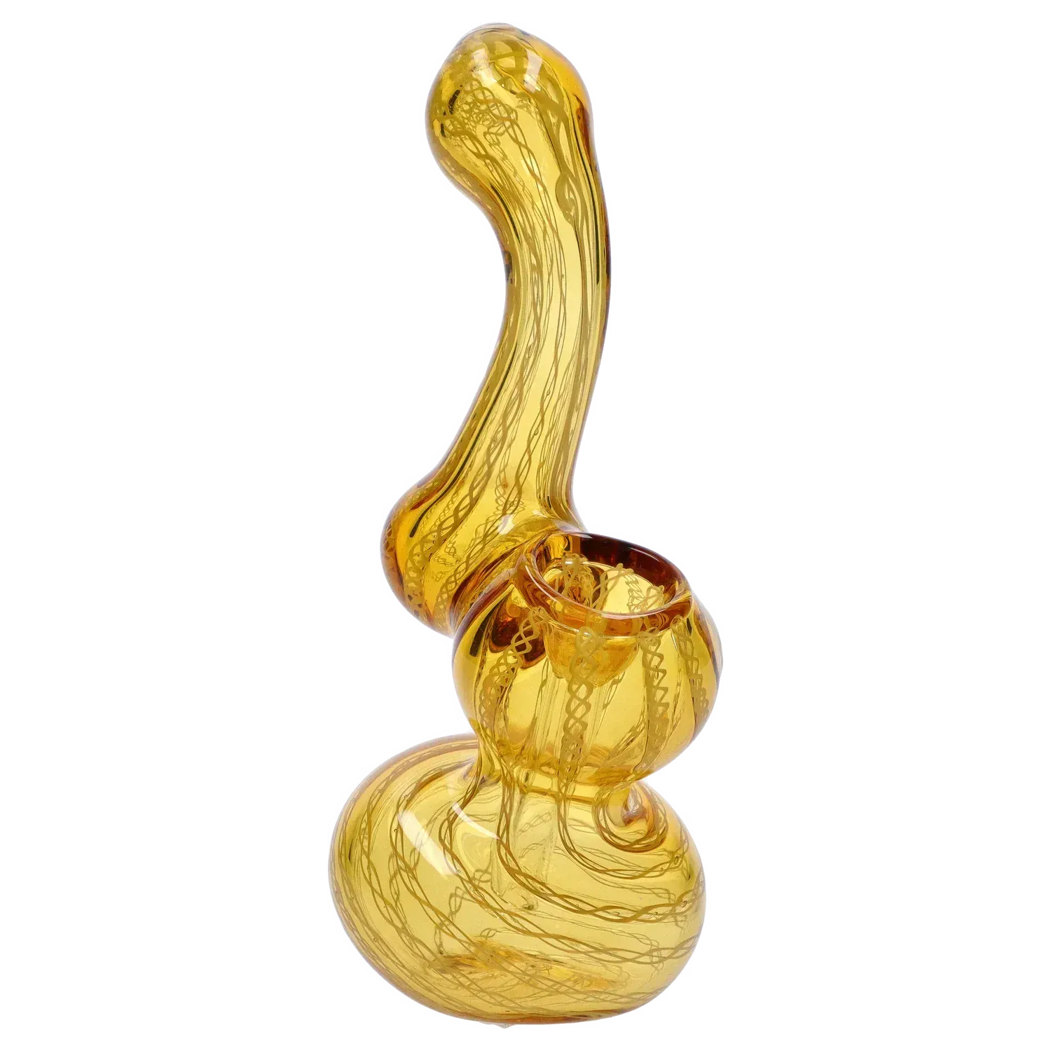 Angled close-up of the amber glass "Mini Bubbler with Colored Tube" showing its curved neck, round bulbous base, and internal swirl pattern.
