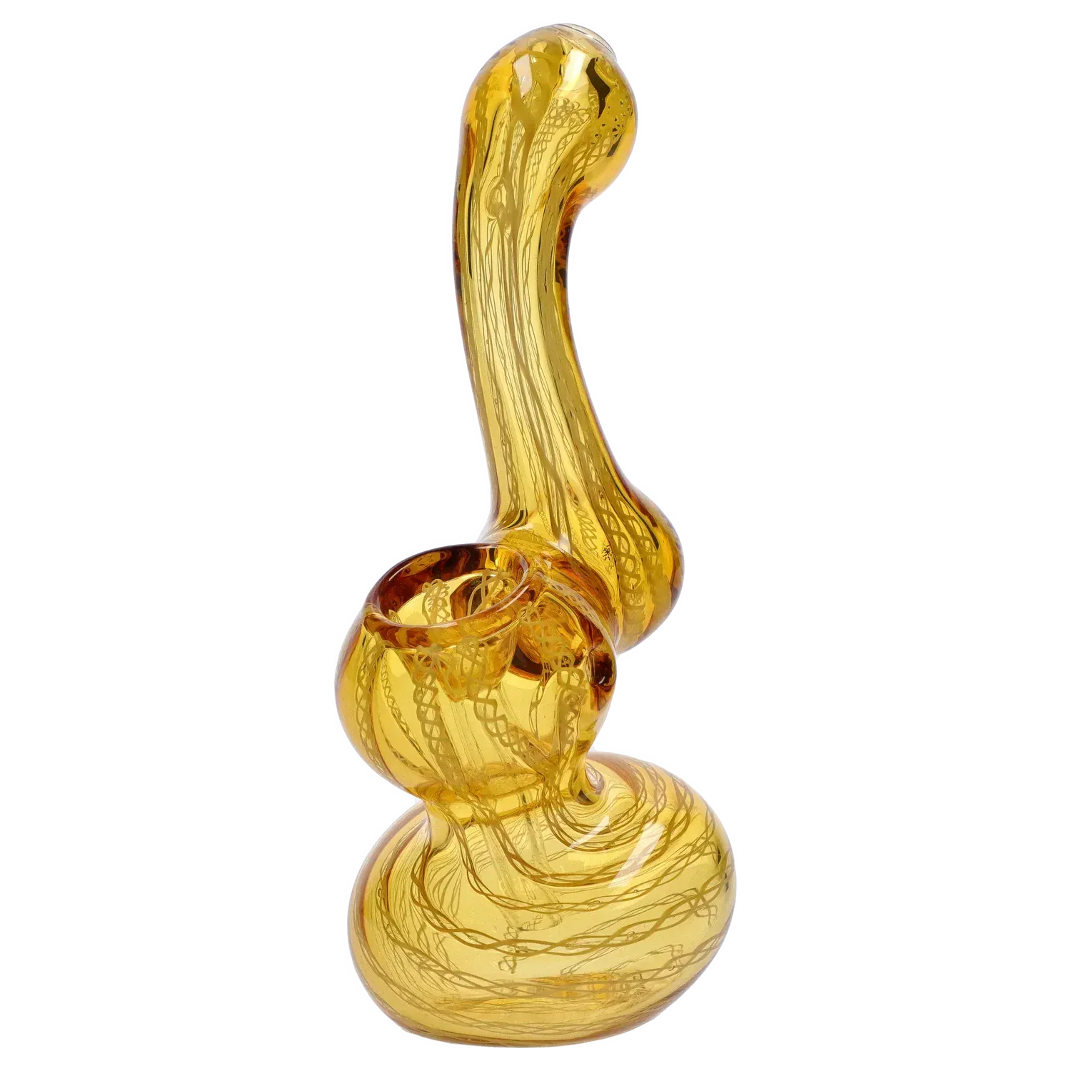 Angled close-up of a golden glass Mini Bubbler with Colored Tube showing its curved neck, bulbous chamber, and swirling internal patterns