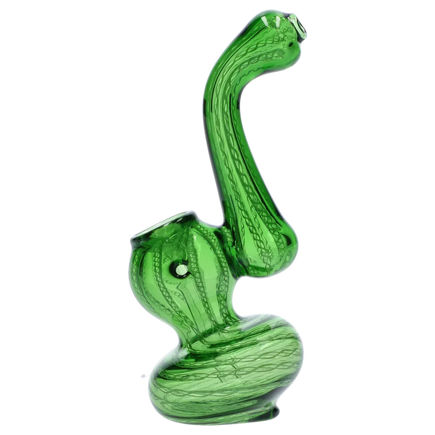 Side view of a green Mini Bubbler with Colored Tube showing its twisted base and long curved neck against a white background