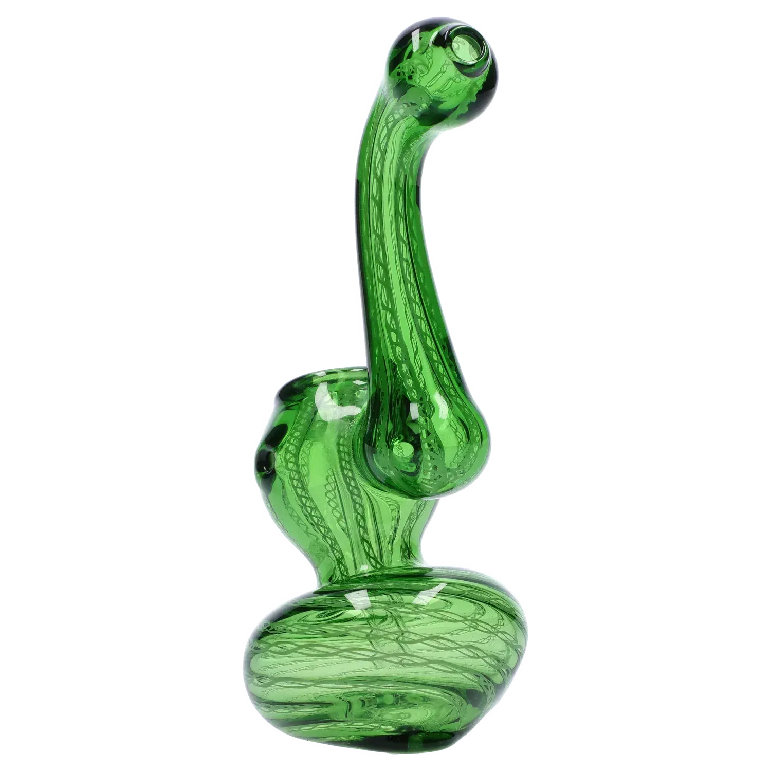 Angled close-up of a green glass Mini Bubbler with Colored Tube showing its curving neck, bulbous base, and internal swirled patterns against a white background