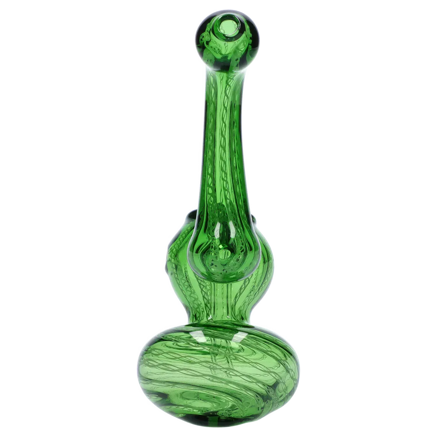 Centered front view of the Mini Bubbler with Colored Tube showing a tall green glass neck and round swirled base against a white background.