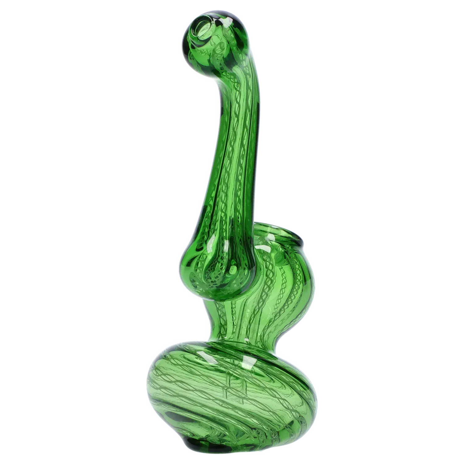 Side view of a green Mini Bubbler with Colored Tube showing its twisted glass patterns and bulbous stacked chambers against a white background