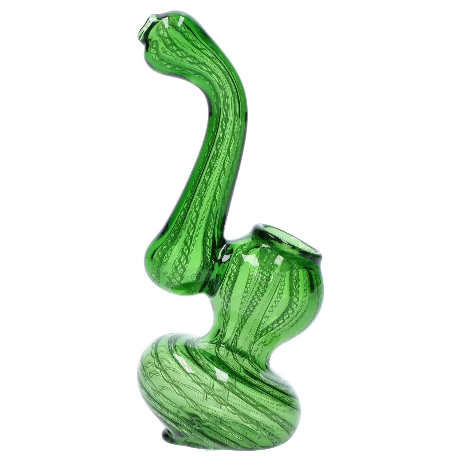 Side view of a translucent green Mini Bubbler with Colored Tube showing its tall curved neck and swirled patterned body against a white background
