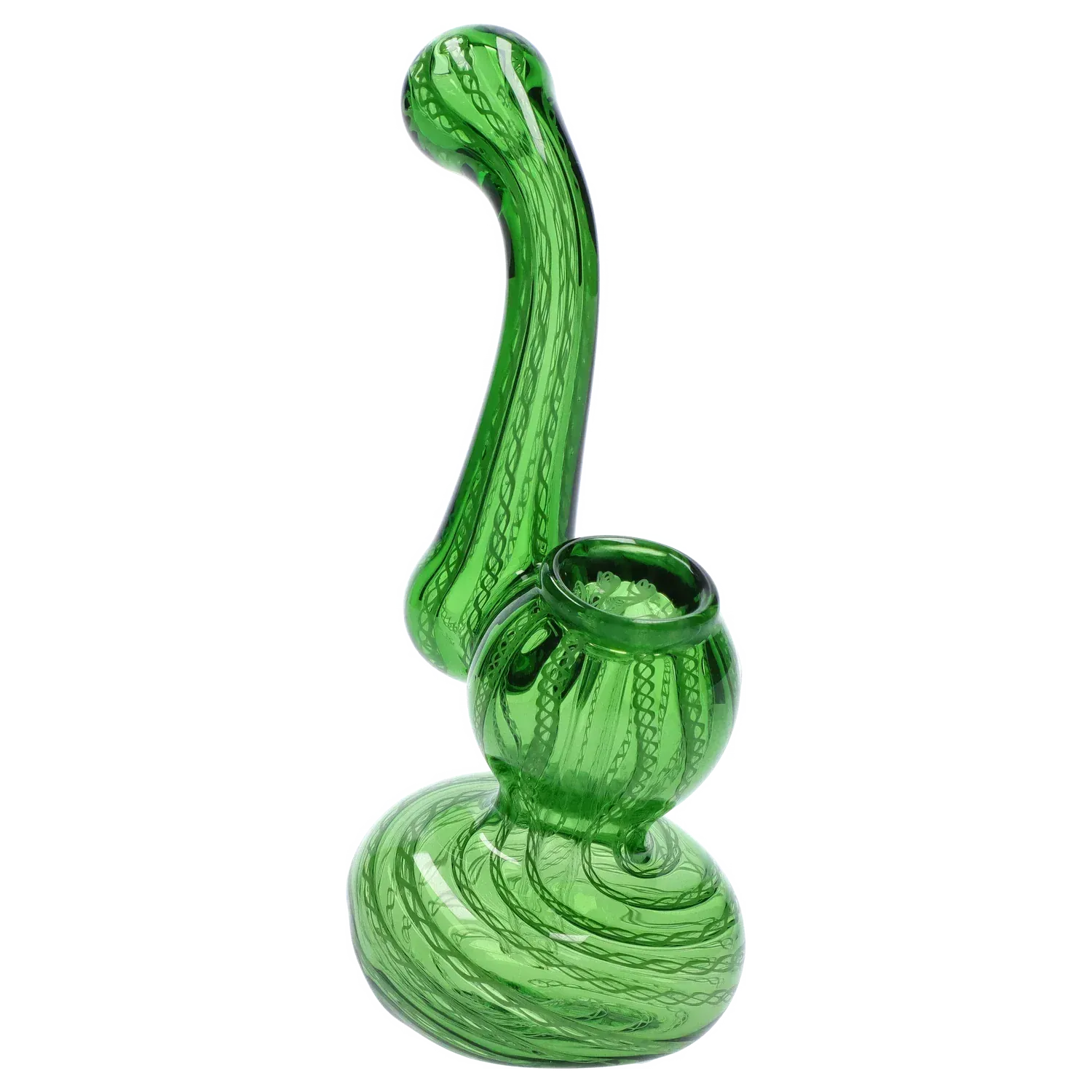 Angled close-up of a translucent green Mini Bubbler with Colored Tube showing its curved neck, rounded bowl, and swirled patterns