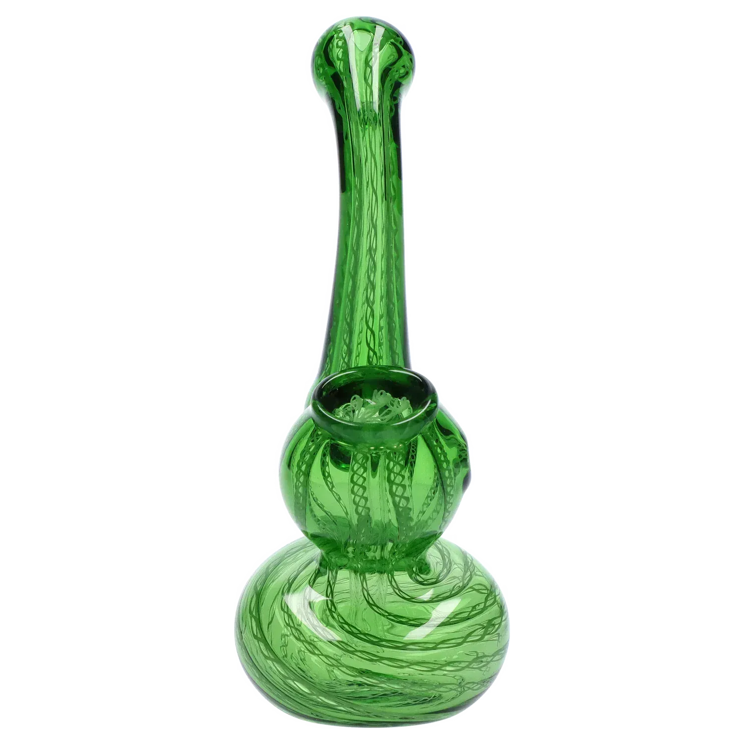 Close-up front view of the green Mini Bubbler with Colored Tube showing its long neck and bulbous swirled glass chamber against a white background