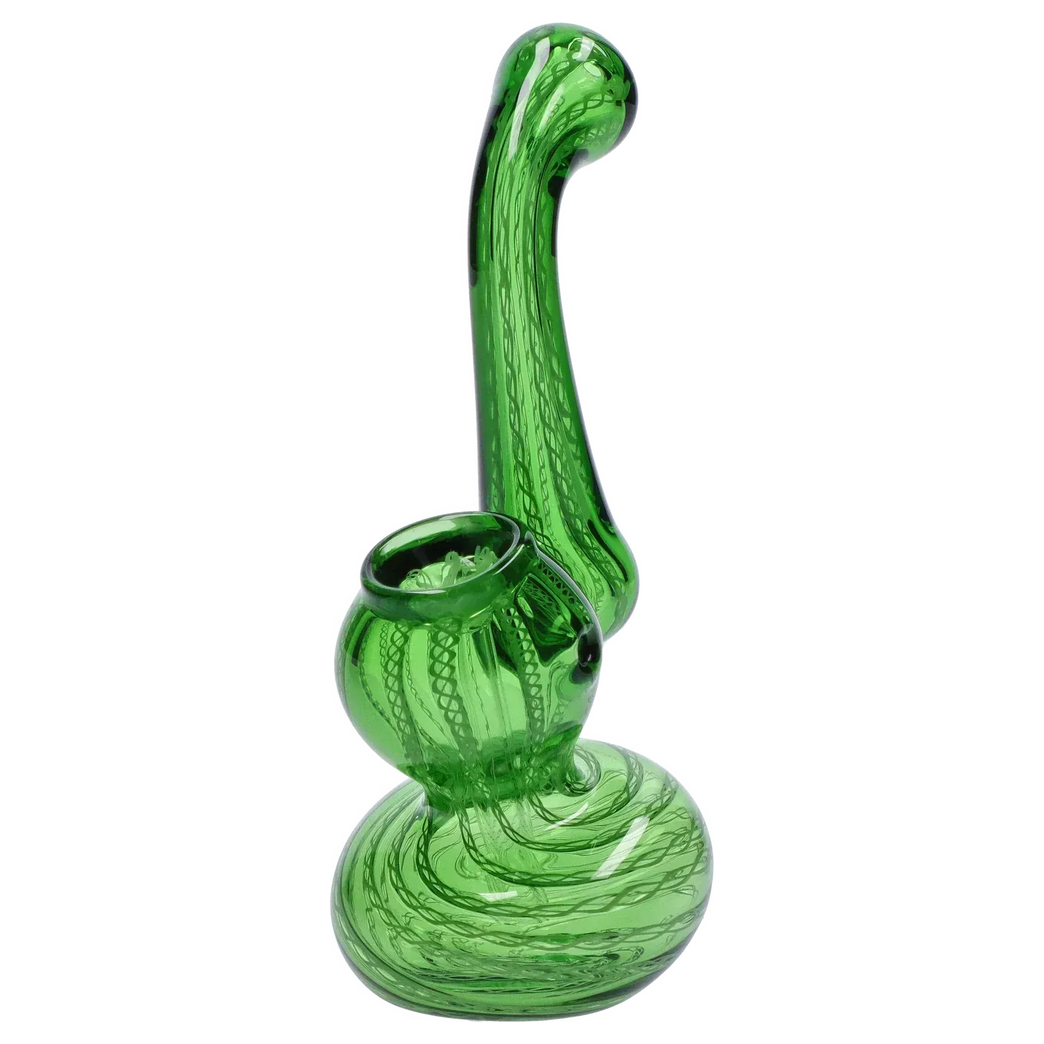 Angled close-up of the green Mini Bubbler with Colored Tube showing its curving neck, bulbous base, and swirling internal tube pattern
