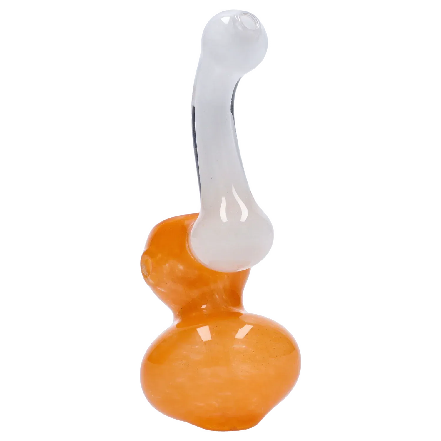 Angled close-up of a white-tubed Mini Bubbler with Colored Tube perched atop a glossy orange glass base against a white background