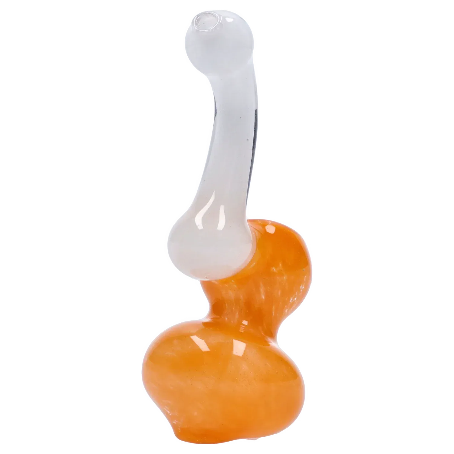 Close-up side view of the Mini Bubbler with Colored Tube showing its white curved mouthpiece rising from a glossy orange bubbled base.