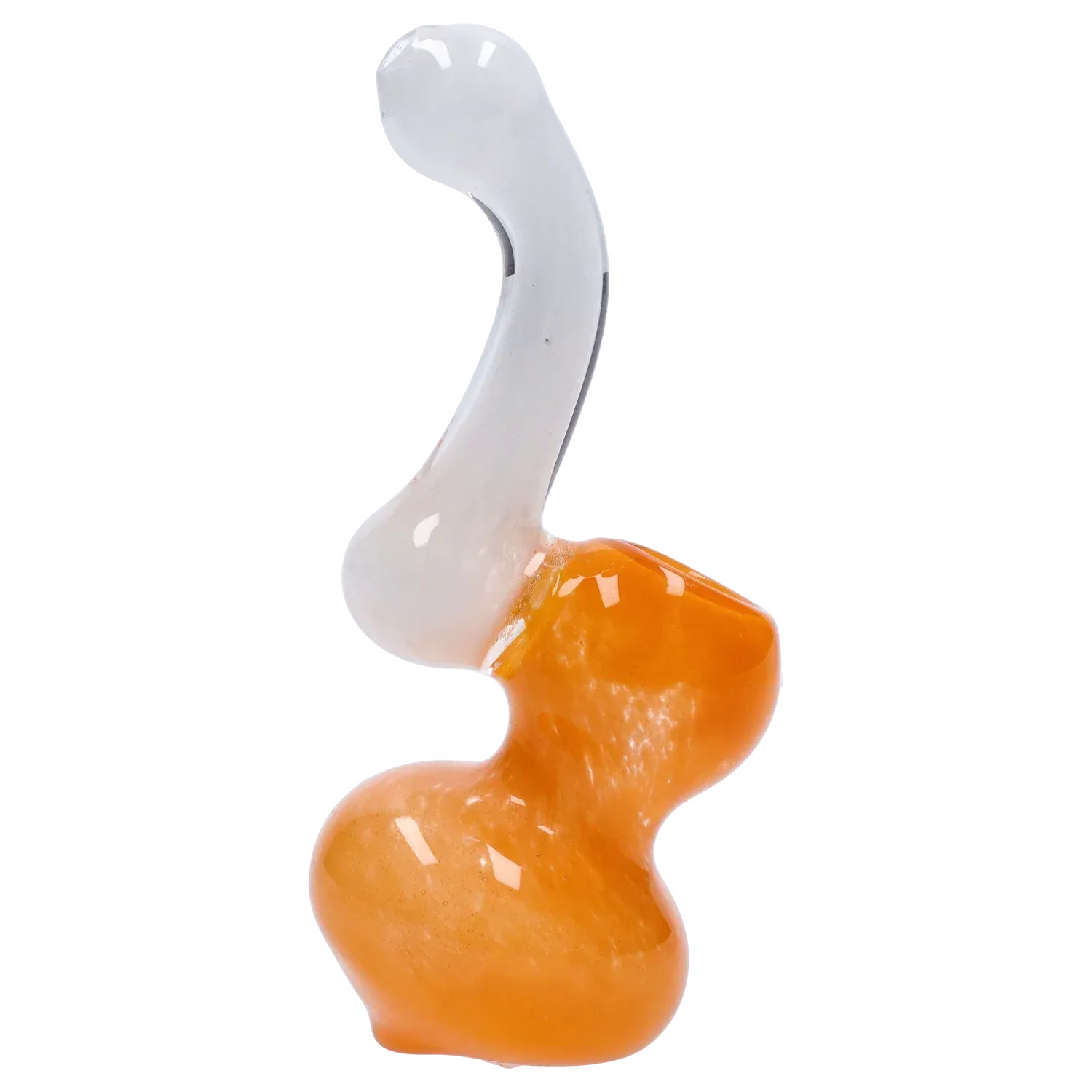 Close-up side view of the Mini Bubbler with Colored Tube showing its glossy orange bulbous body and curved clear tube against a white background
