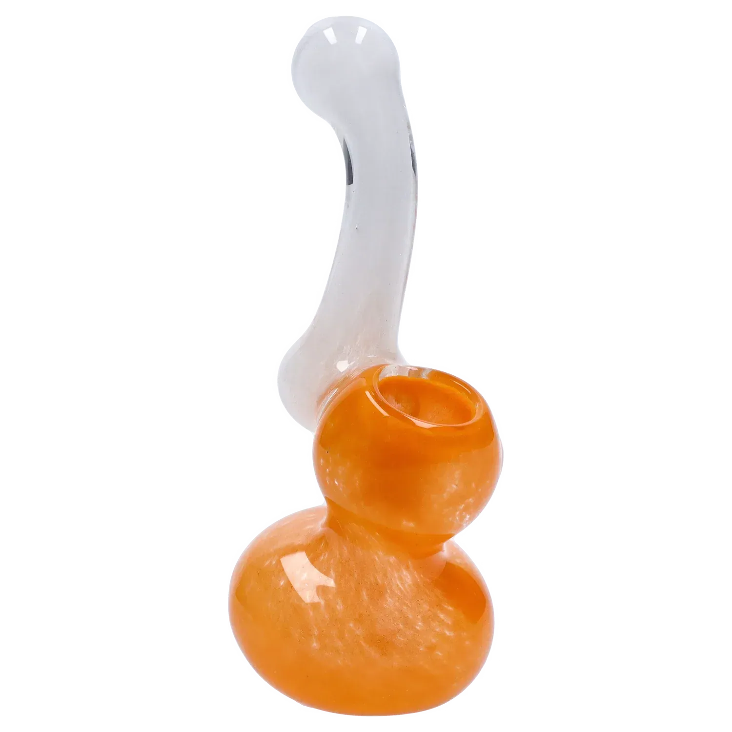 Close-up tilted view of the Mini Bubbler with Colored Tube showing its glossy orange bulbous base and translucent curved neck.