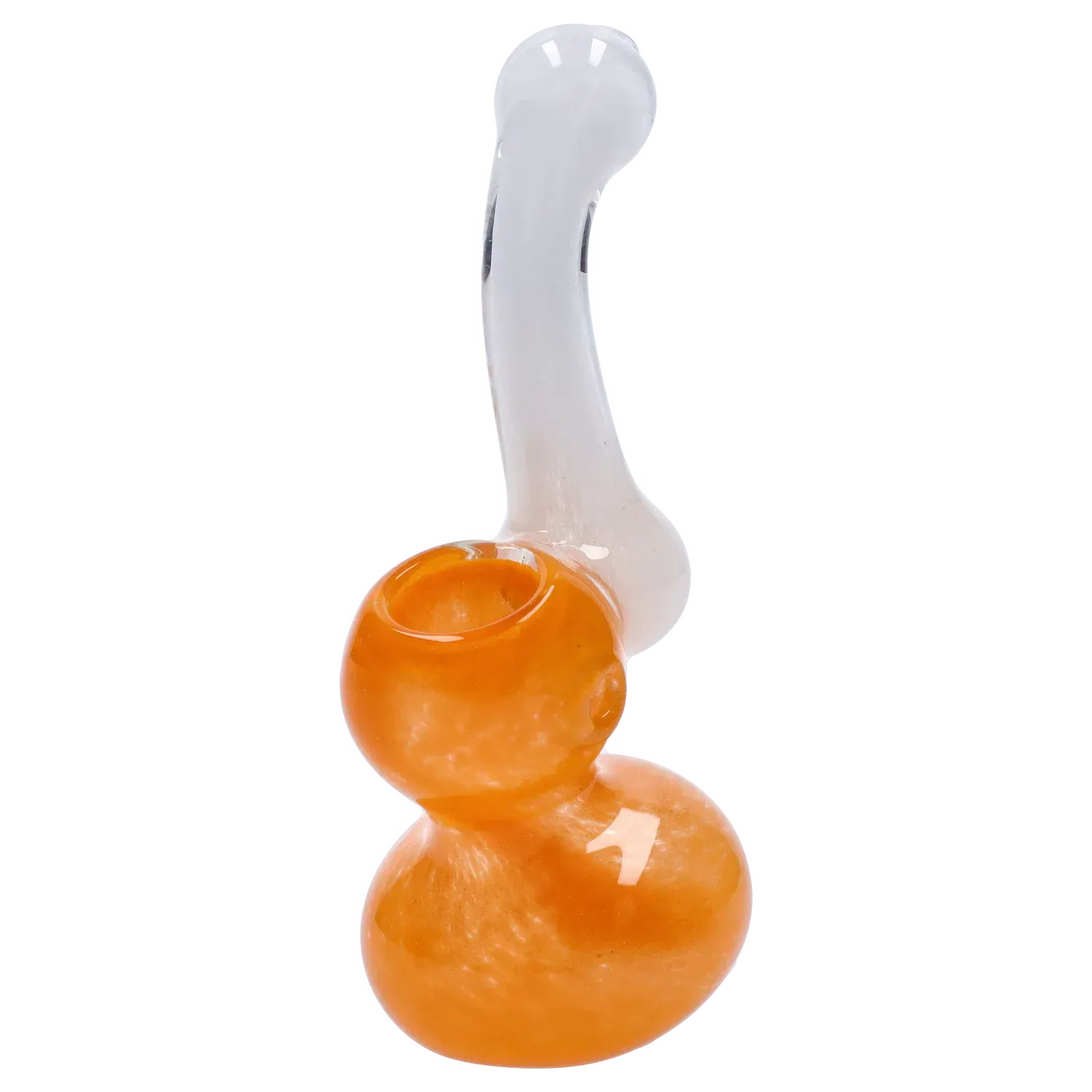 Angled close-up of a small Mini Bubbler with Colored Tube showing an orange rounded base and a clear curved neck against a white background