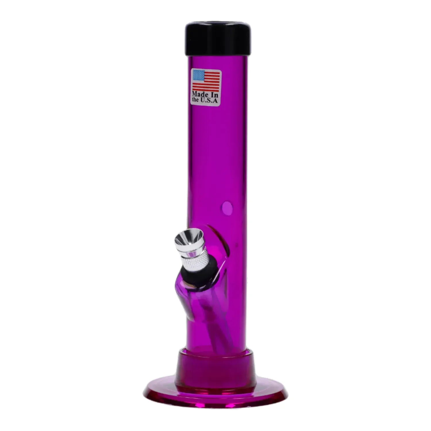 Front view of the JM Plastics Mini Matching Straight Tube with Carb Hole Acrylic Bong - 6 in., shown in a glossy purple-tinted tube with black cap, angled metal bowl, and white background.