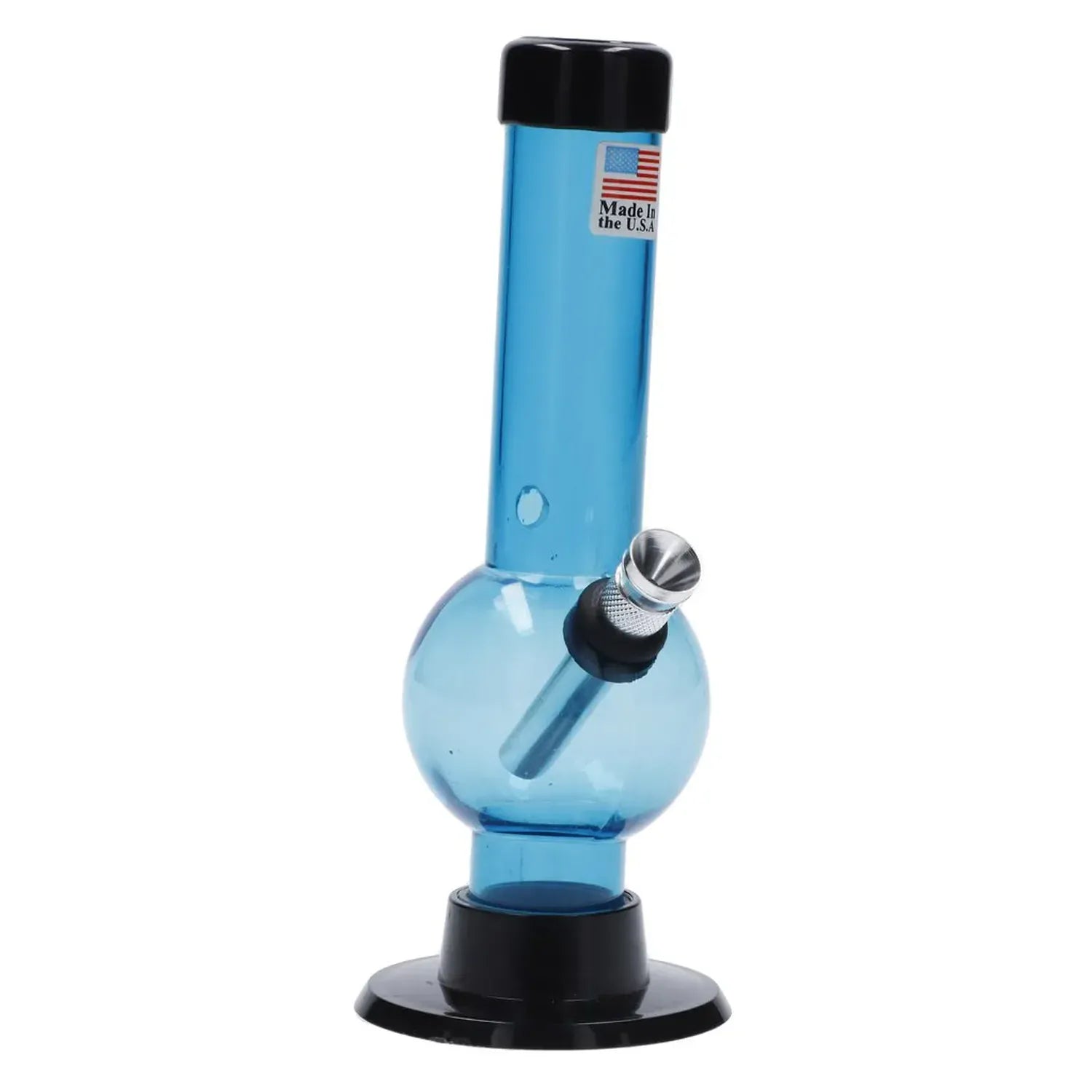 Angled close-up of the blue 6-inch JM Plastics Mini Bubble Base with Carb Hole Acrylic Bong showing its spherical chamber and metal downstem.