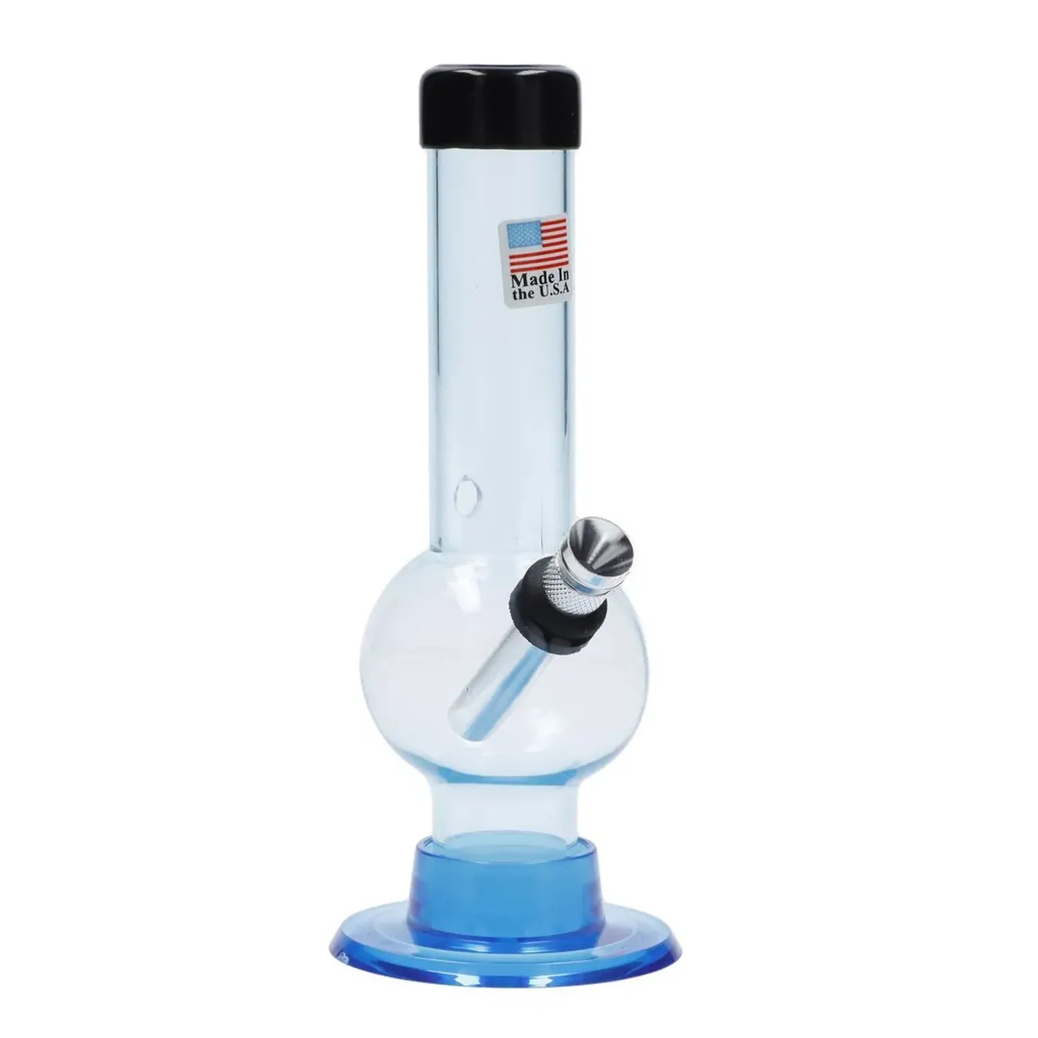 Close-up front view of the JM Plastics Mini Bubble Base with Carb Hole Acrylic Bong - 6 in., showing its clear bubble chamber, angled metal bowl and blue base.