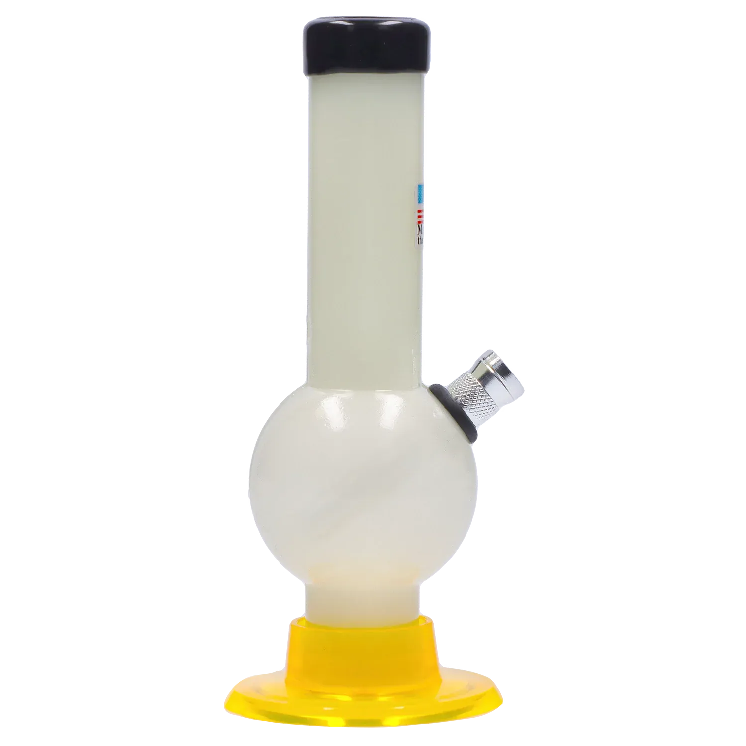Centered front view of the JM Plastics Mini Bubble Base with Carb Hole Acrylic Bong - 6 in., showing its white bubble chamber, angled metal carb piece, and yellow base.