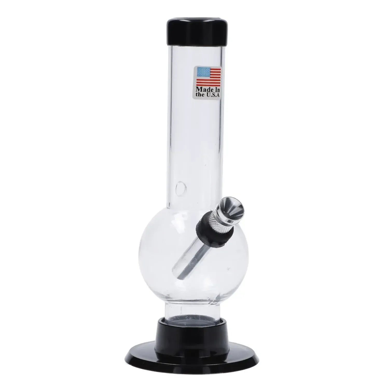 Front view of the JM Plastics Mini Bubble Base with Carb Hole Acrylic Bong - 6 in. showing a clear round bubble chamber, angled metal downstem, and black mouthpiece and base