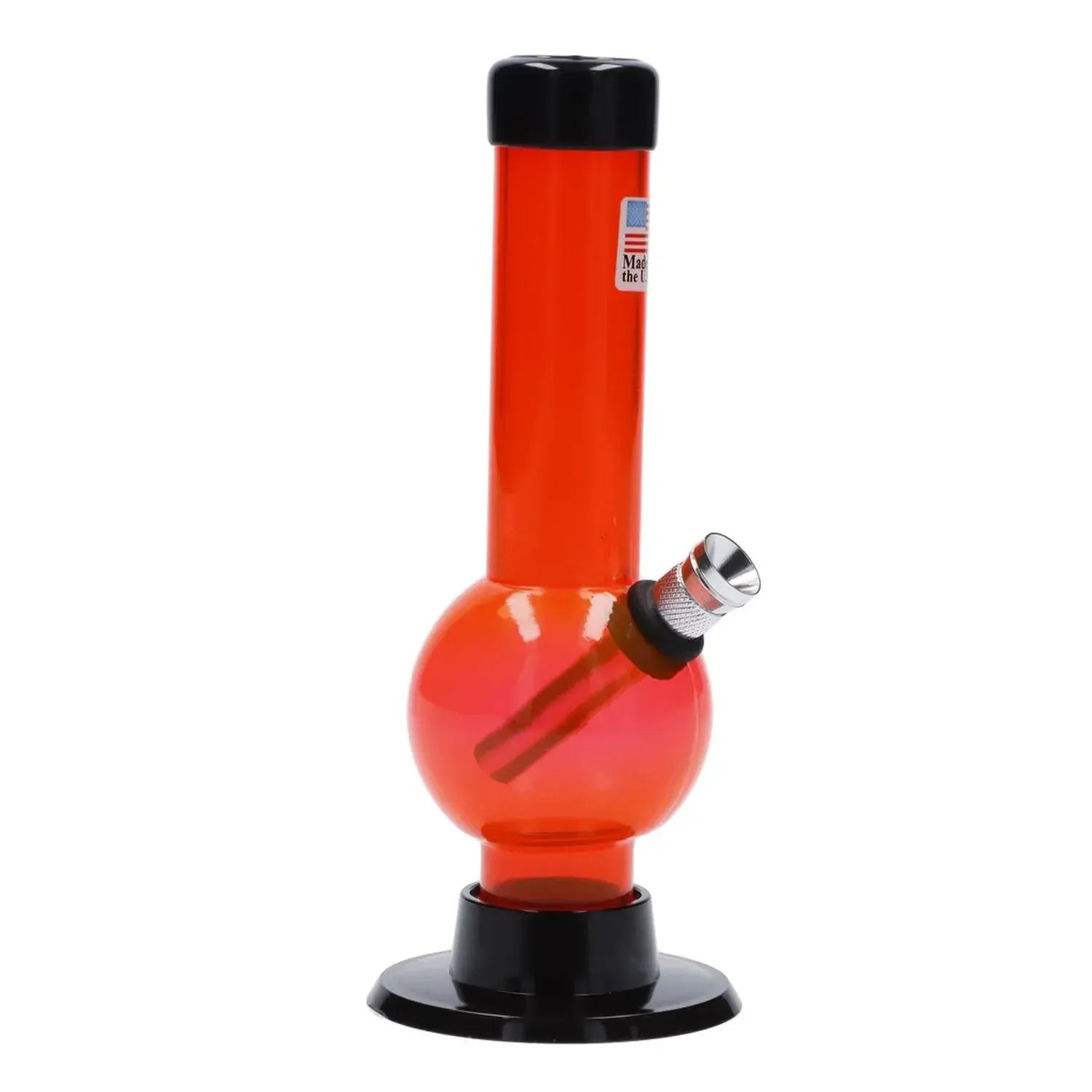 Centered front view of the red JM Plastics Mini Bubble Base with Carb Hole Acrylic Bong - 6 in., against a white background showing its round bubble chamber, angled metal bowl, and black base.