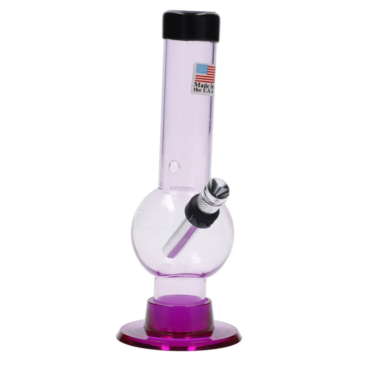 Angled front view of the JM Plastics Mini Bubble Base with Carb Hole Acrylic Bong - 6 in., shown in translucent purple on a white background with its metal bowl inserted.