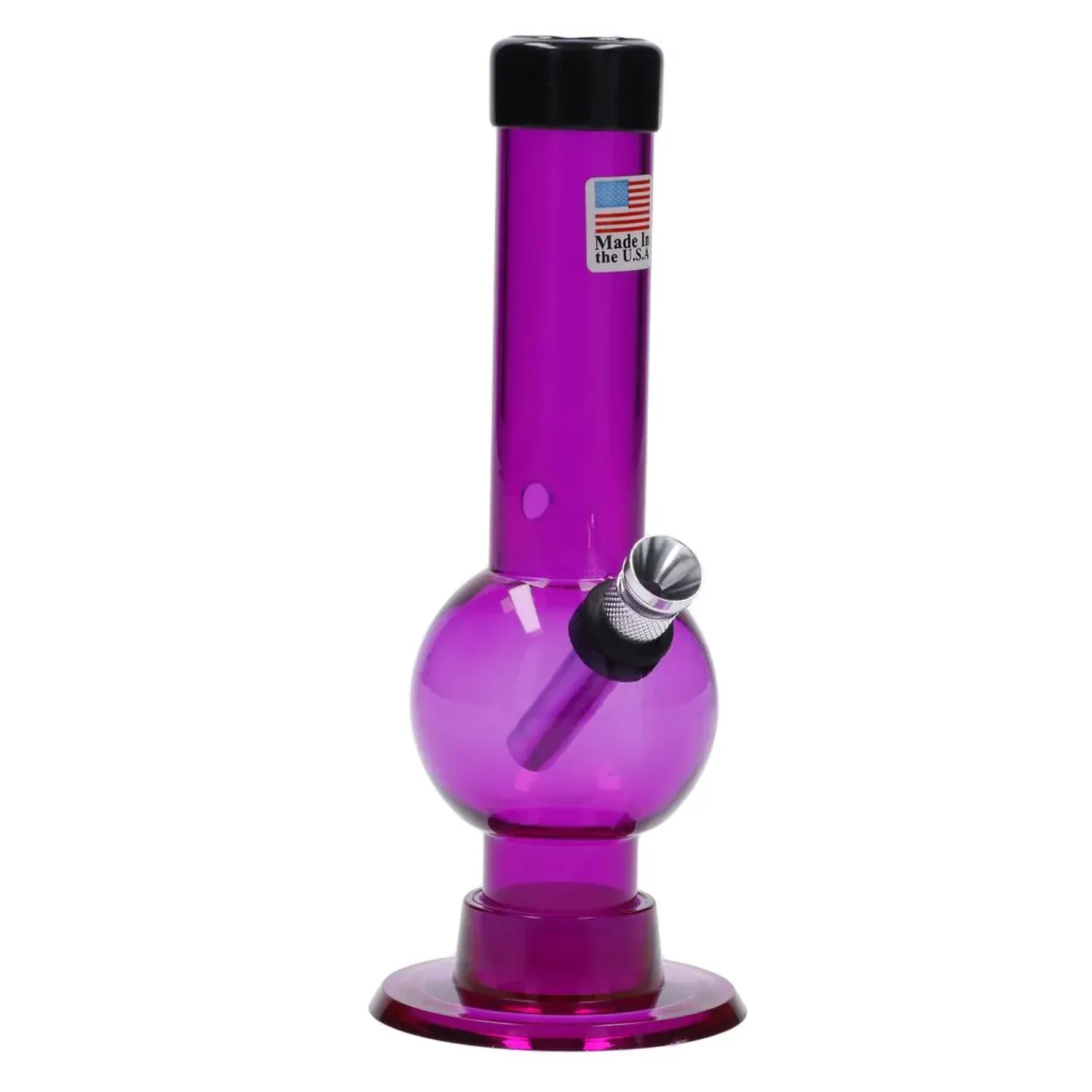 Center-frontal view of the purple JM Plastics Mini Bubble Base with Carb Hole Acrylic Bong - 6 in., lit on white background.