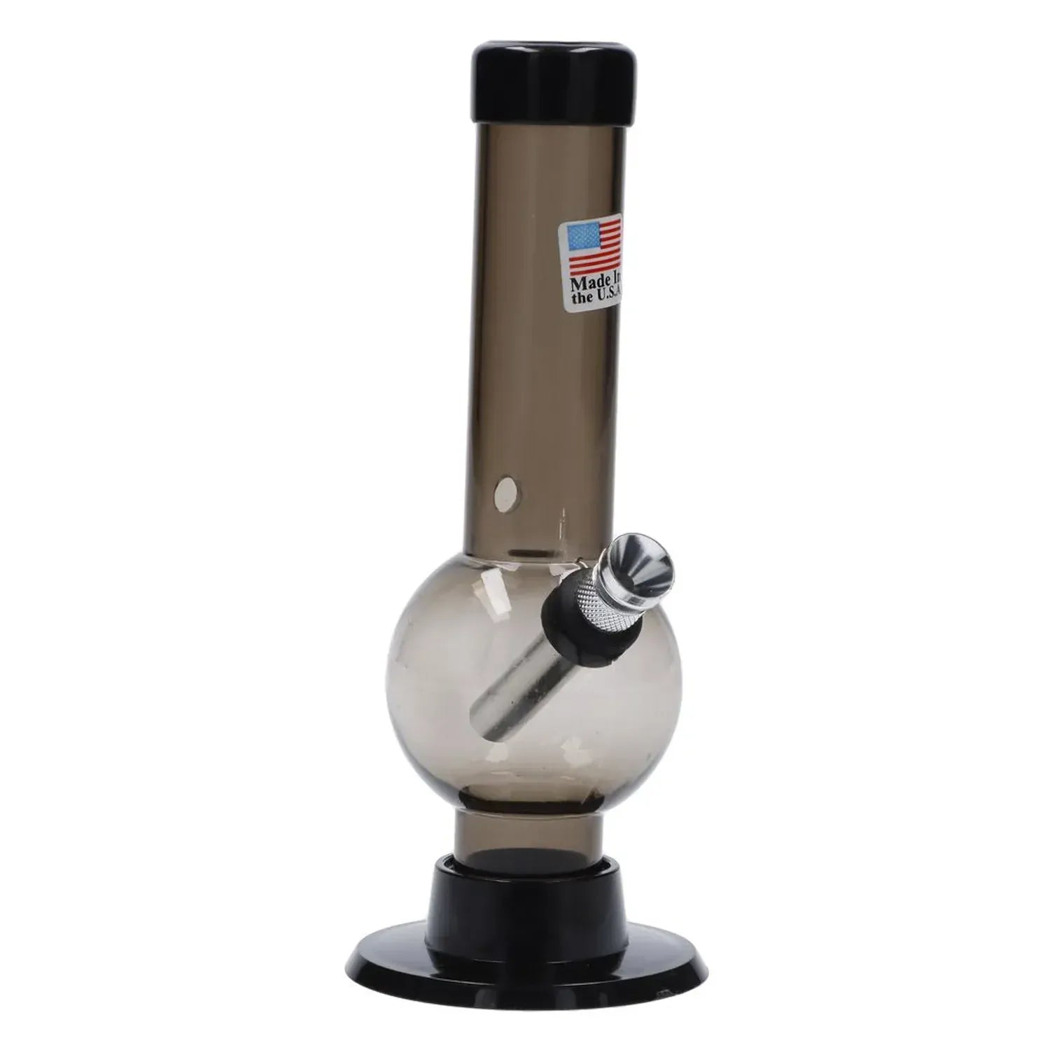 Vertical front view of the JM Plastics Mini Bubble Base with Carb Hole Acrylic Bong - 6 in., showing its smoky round bubble chamber, angled metal downstem and black plastic base on a white background