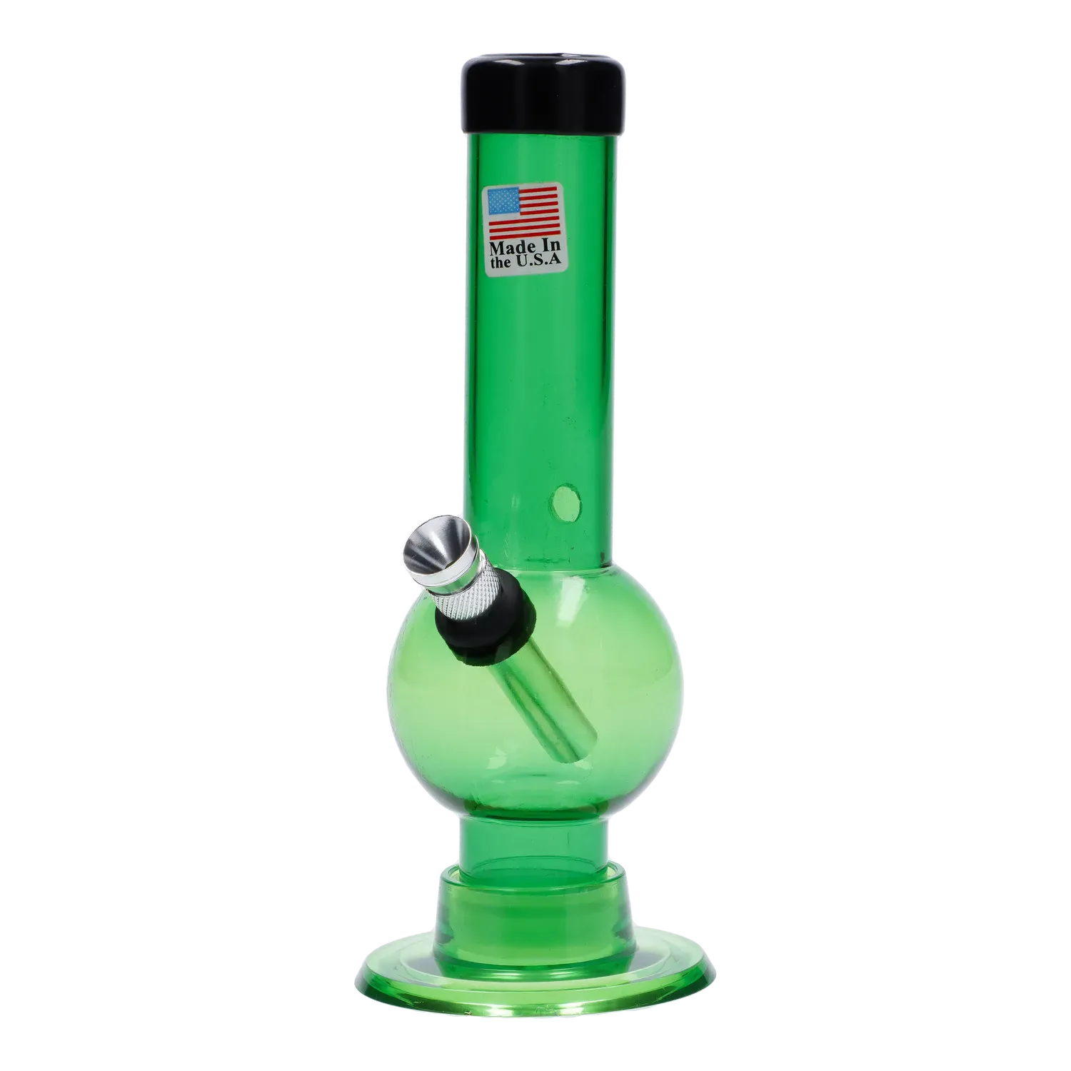 Front view of the green JM Plastics Mini Bubble Base with Carb Hole Acrylic Bong - 6 in., shot on white showing its round bubble chamber, angled metal bowl, and black mouthpiece cap