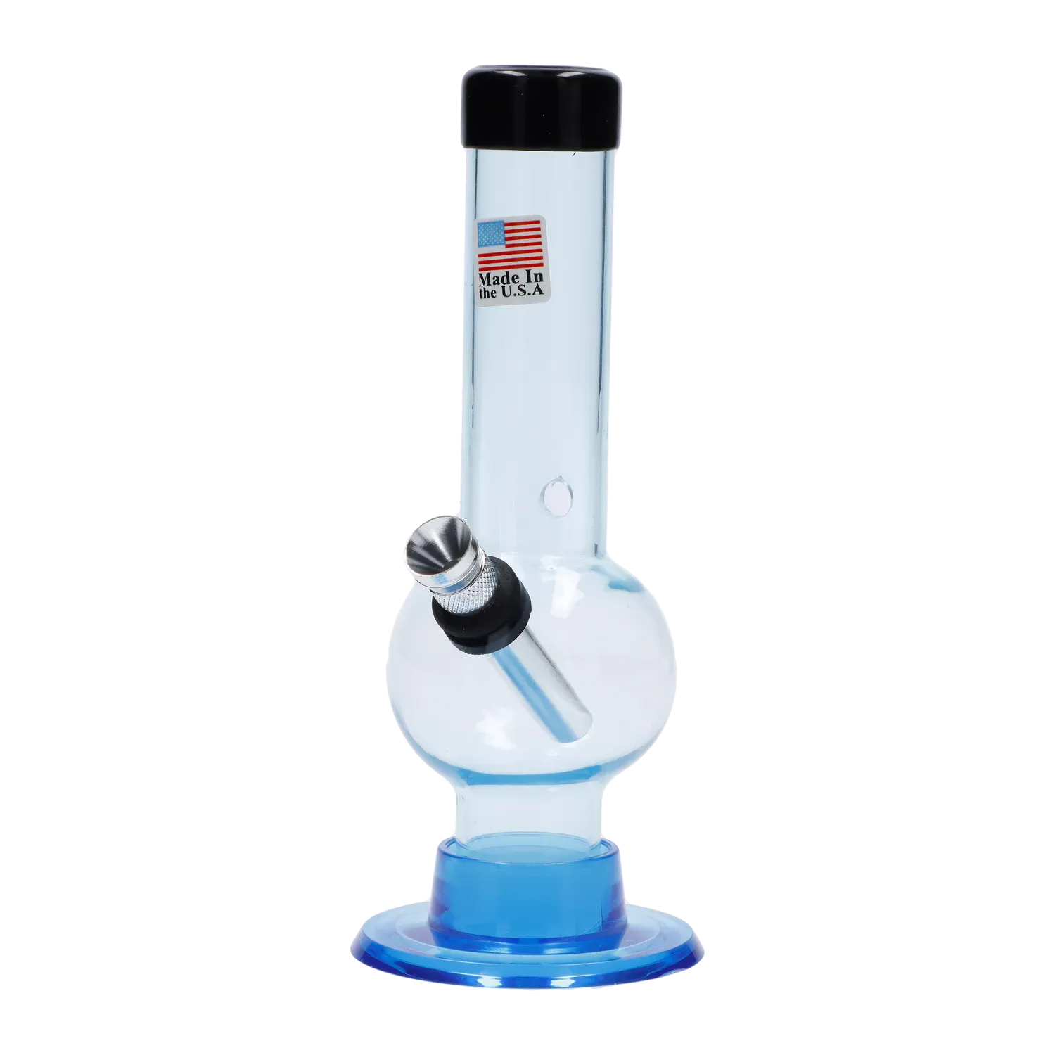 Straight-on view of the JM Plastics Mini Bubble Base with Carb Hole Acrylic Bong - 6 in., a translucent light-blue bong with black mouthpiece cap and angled metal bowl.