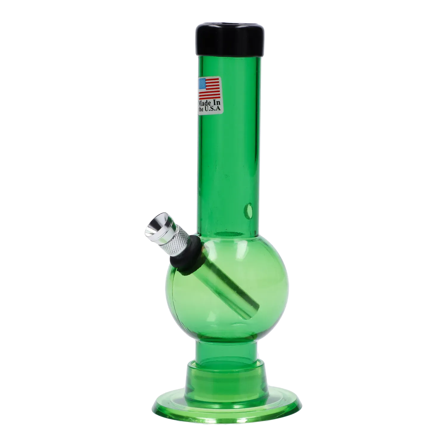 Right-side view of the green 6-inch JM Plastics Mini Bubble Base with Carb Hole Acrylic Bong showing its round bubble chamber, angled metal bowl, and black mouthpiece cap