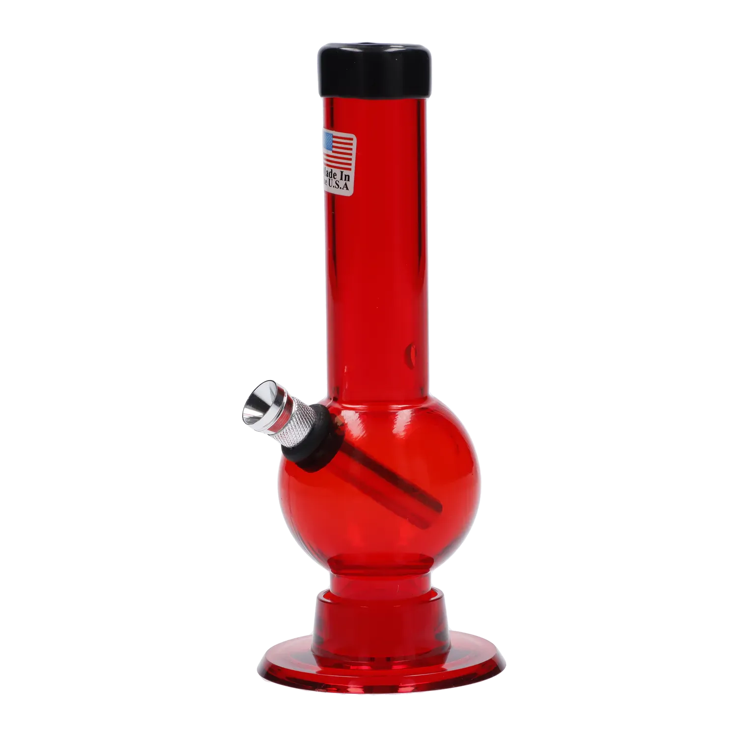 Front-facing view of the red JM Plastics Mini Bubble Base with Carb Hole Acrylic Bong - 6 in., shown against a white background with its angled metal bowl and round bubble chamber visible.