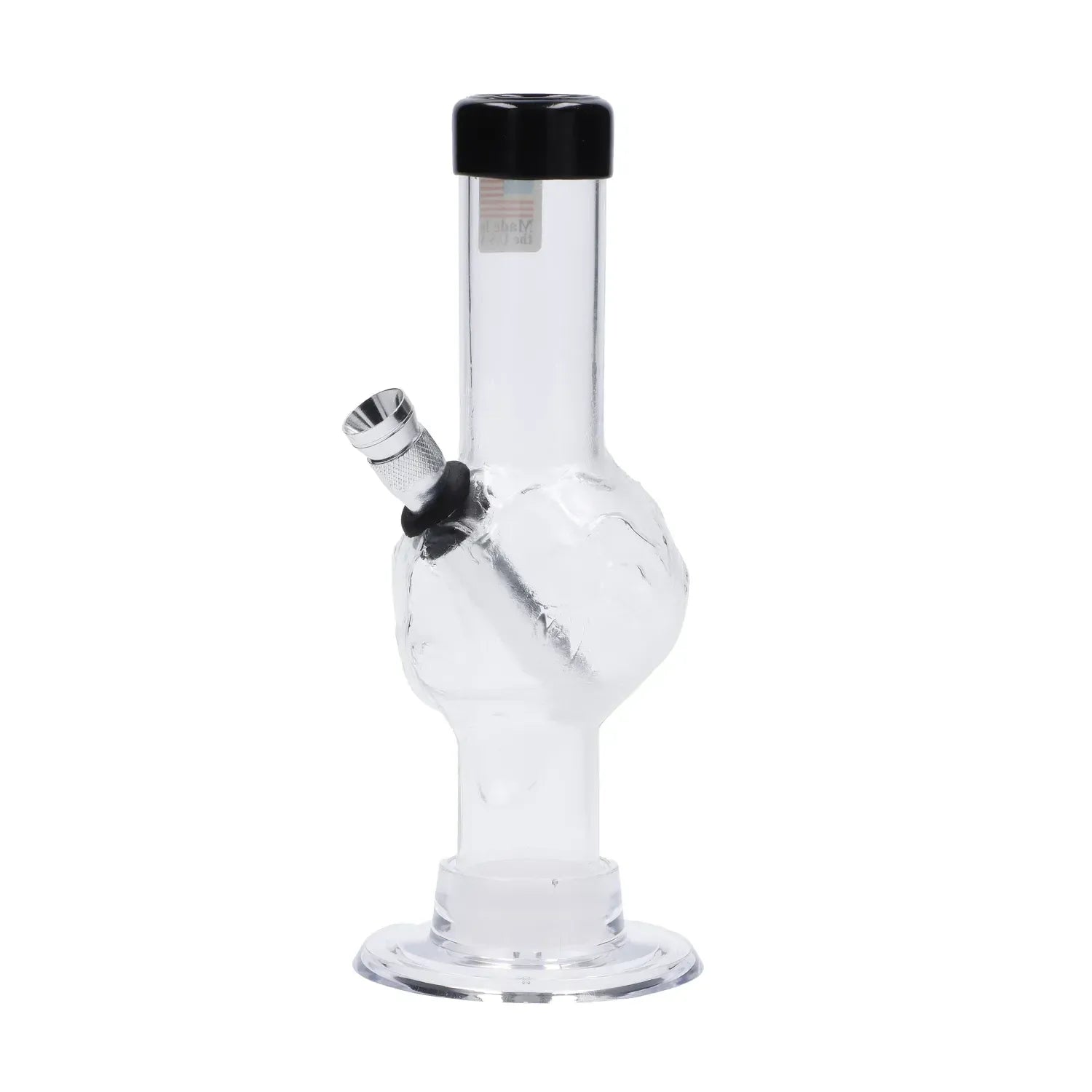 Close-up front view of the JM Plastics Mini Alien Base Acrylic Bong - 6 in., showing its clear glass body, rounded alien-style base, and metal downstem.