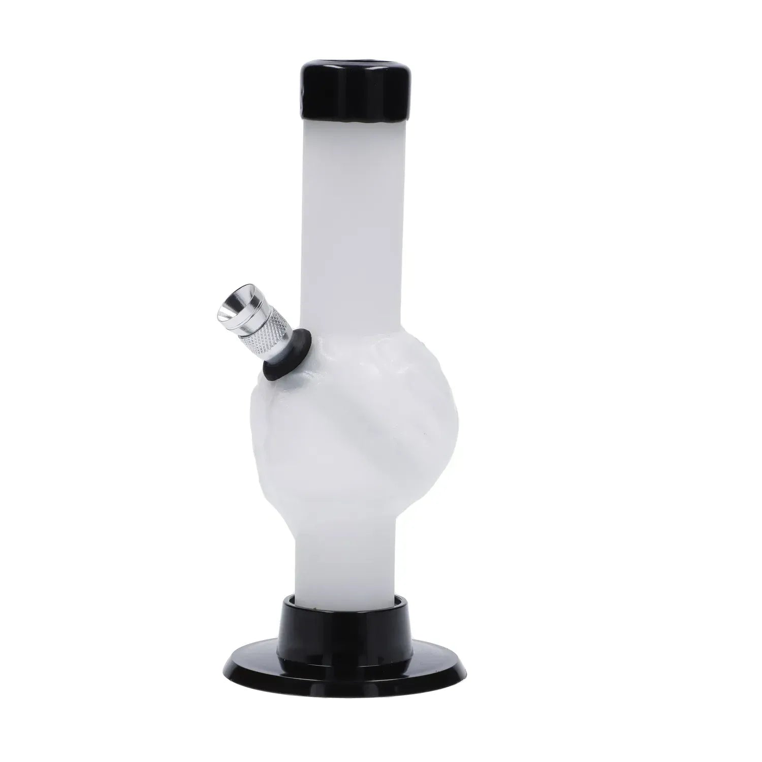Close-up front view of the JM Plastics Mini Alien Base Acrylic Bong - 6 in. showing its white frosted body, black rimmed mouthpiece and base, and metal bowl angled from the bulbous midsection